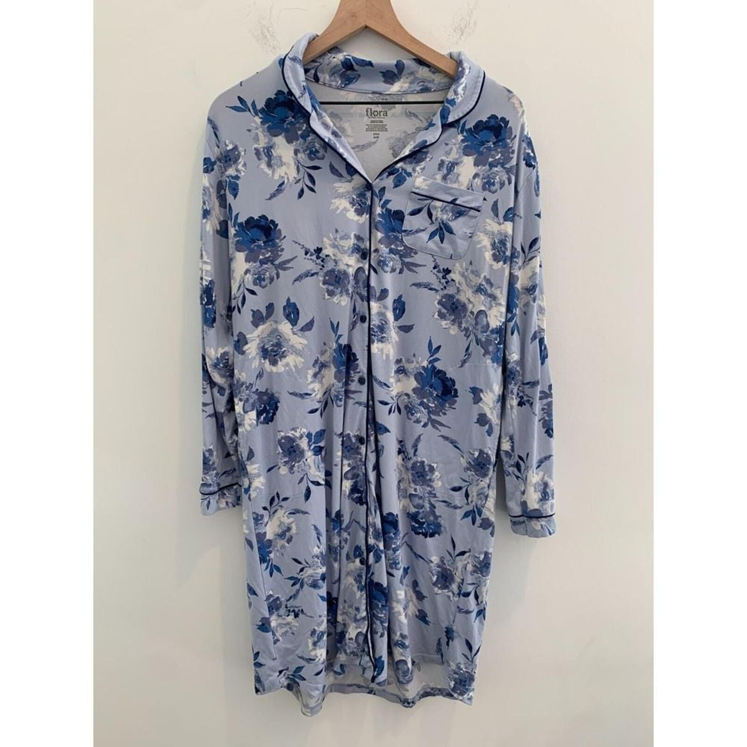 Flora Nikrooz Button Front Sleep Shirt Nightgown Womens Small S Blue Floral Soft
