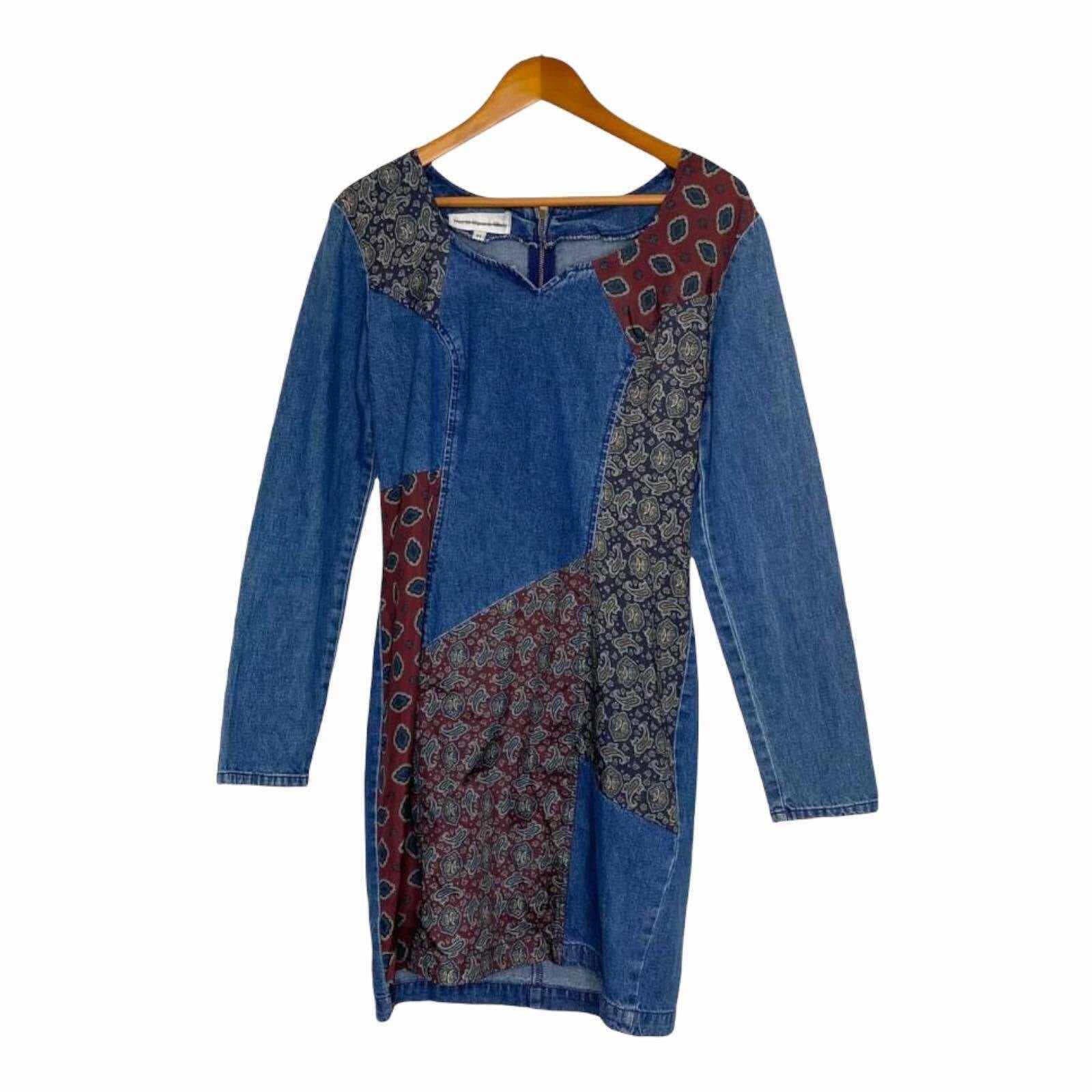 Vintage Paris Sports Club Denim and Paisley Patchwork Quilted Long Sleeve Dress