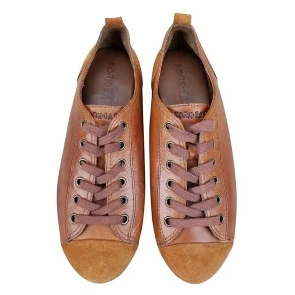 Kork-Ease Margaret Lace Up Brown Leather Oxford Sneaker Suede Cap Toes. Size 7