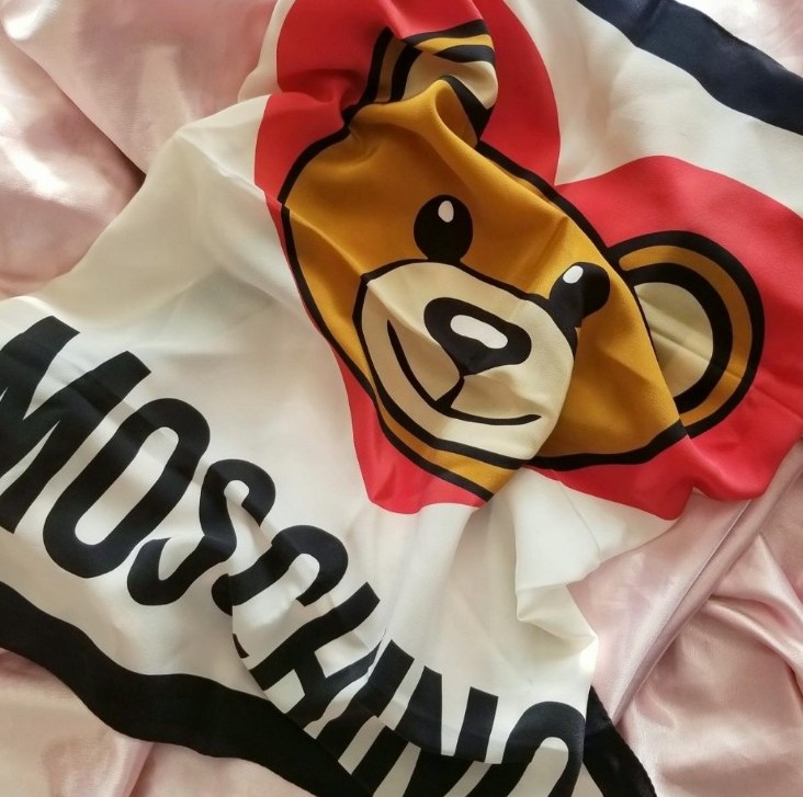 Moschino Signature Teddy Bear Heart Silk Square Scarf 100% Silk