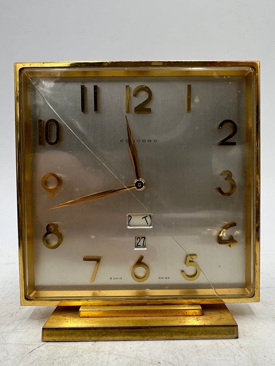 VTG 1960's 4.25 H x 4 W x 1.75 L Gold-Tone Concord 8 Days Day Date Clock Swiss!