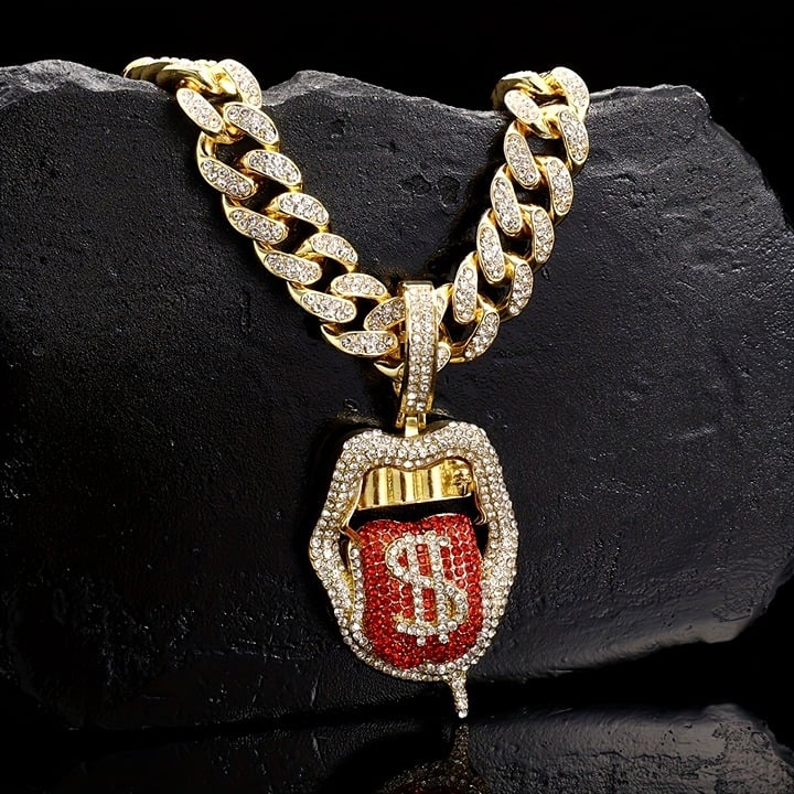 Money Lips Tongue Cubic Zirconia Pendant & 13mm 24 Iced Chain Necklace