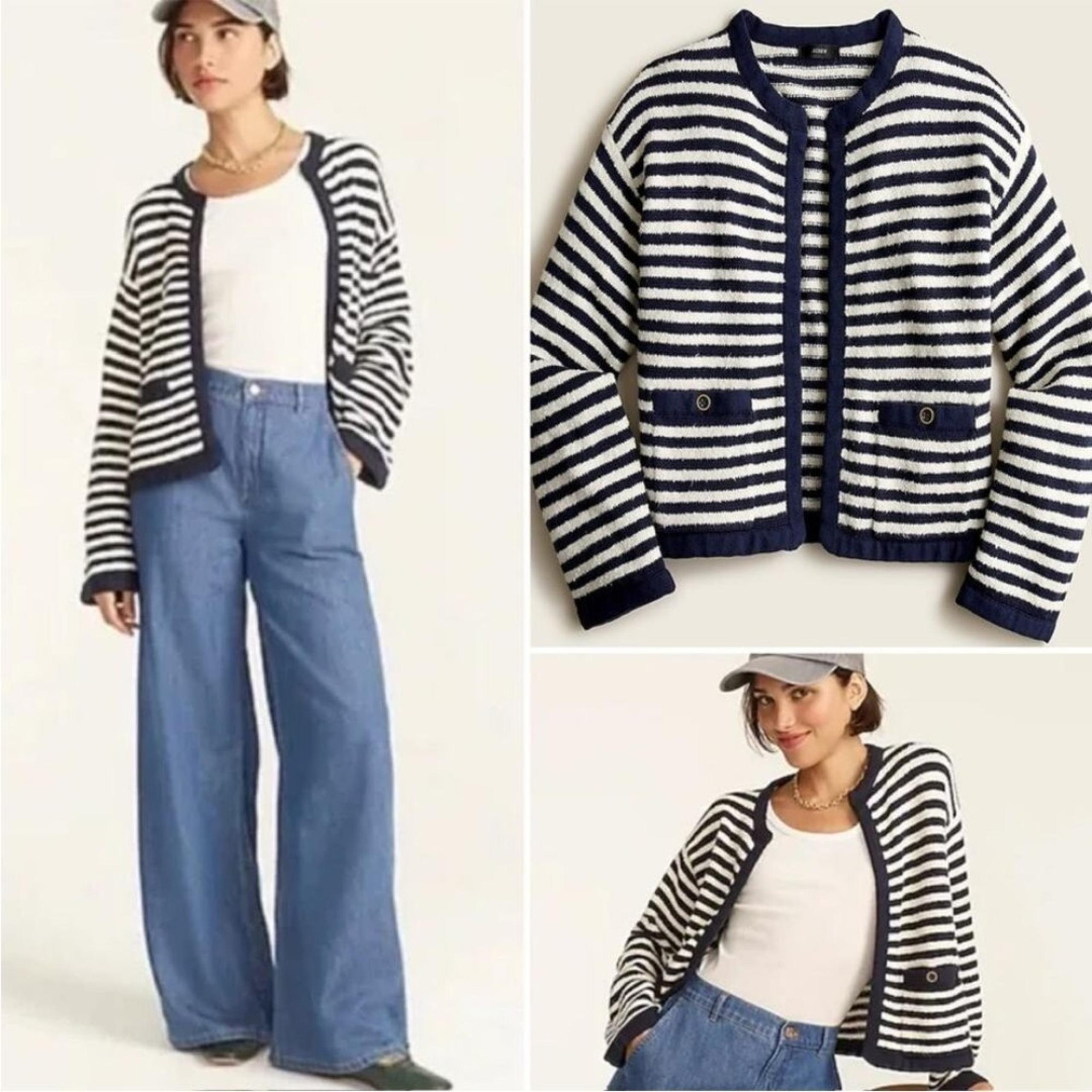 J. Crew Classic Preppy Elegant Navy Stripe Open Front Boxy Cardigan Sweater XXS