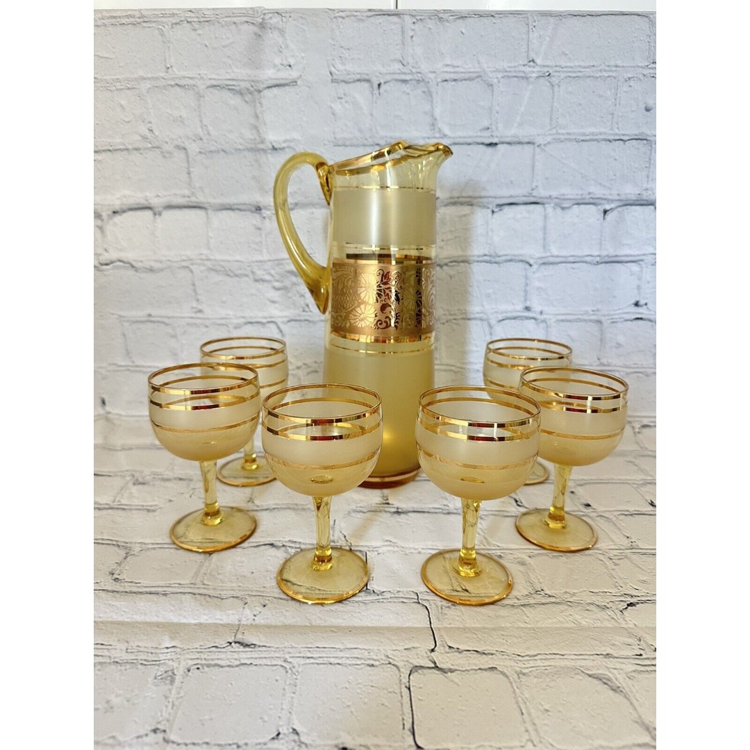 7 piece set Bohemian Glass Czech Crystal Cocktail Pitcher and glasses