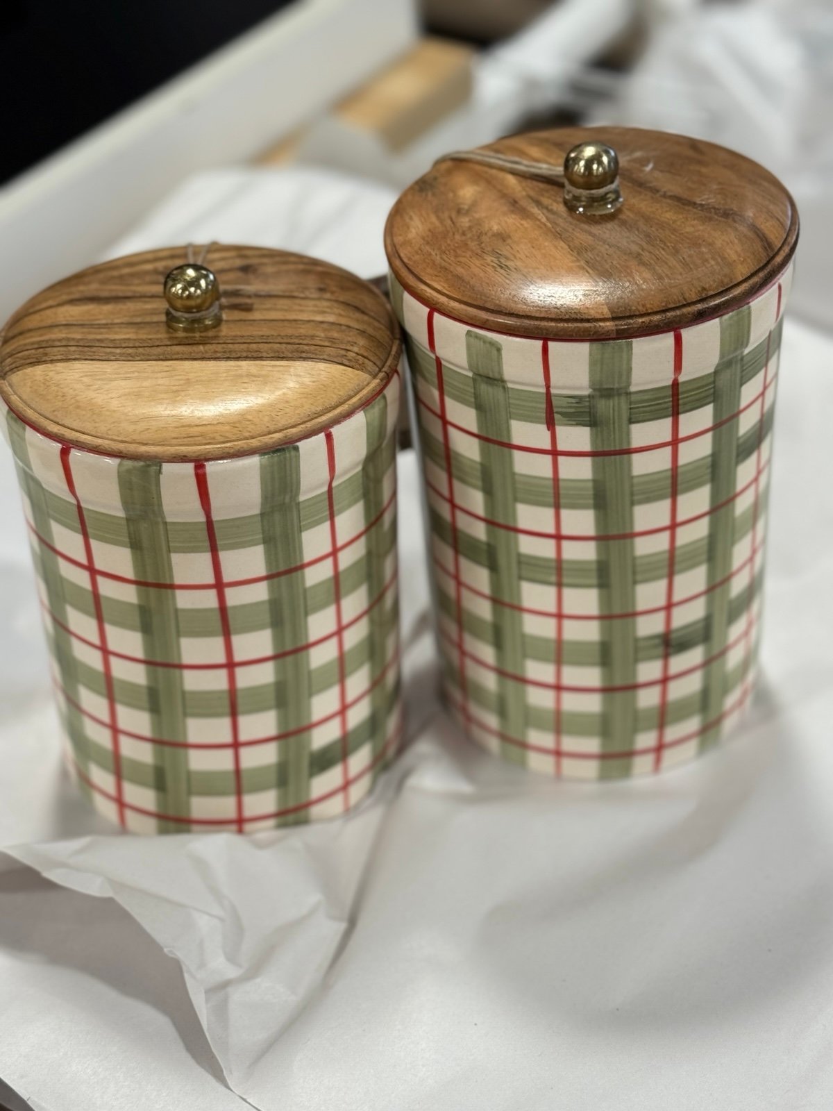 Plaid Ceramic Canister with Wooden Lid