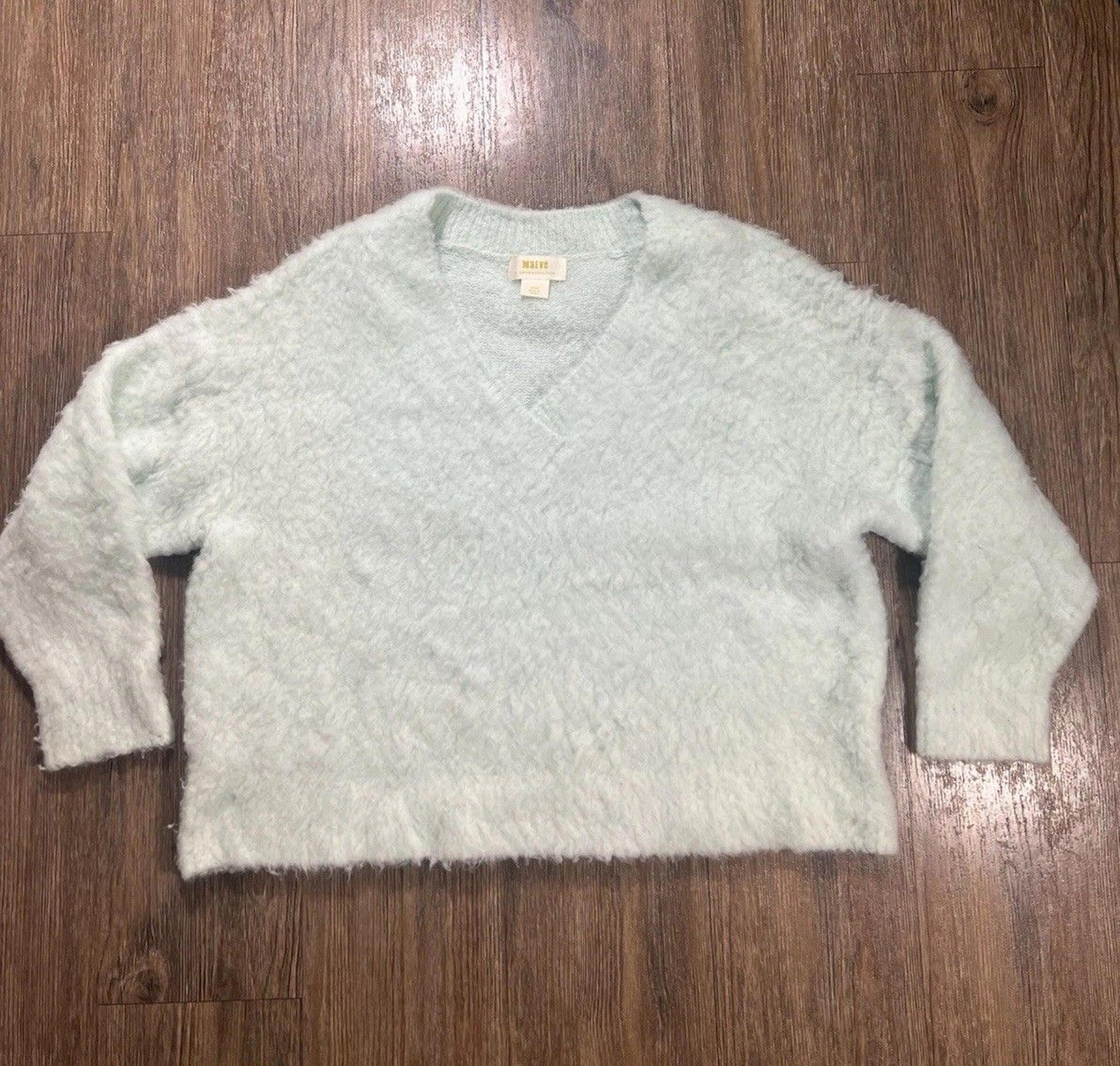 Maeve Anthropologie Plush V-Neck Sweater Size XS P Mint Green Pullover Shaggy