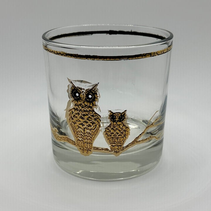 Vintage (60s) Culver Glass MCM Owl lowball/rocks glass with 22k gold accents