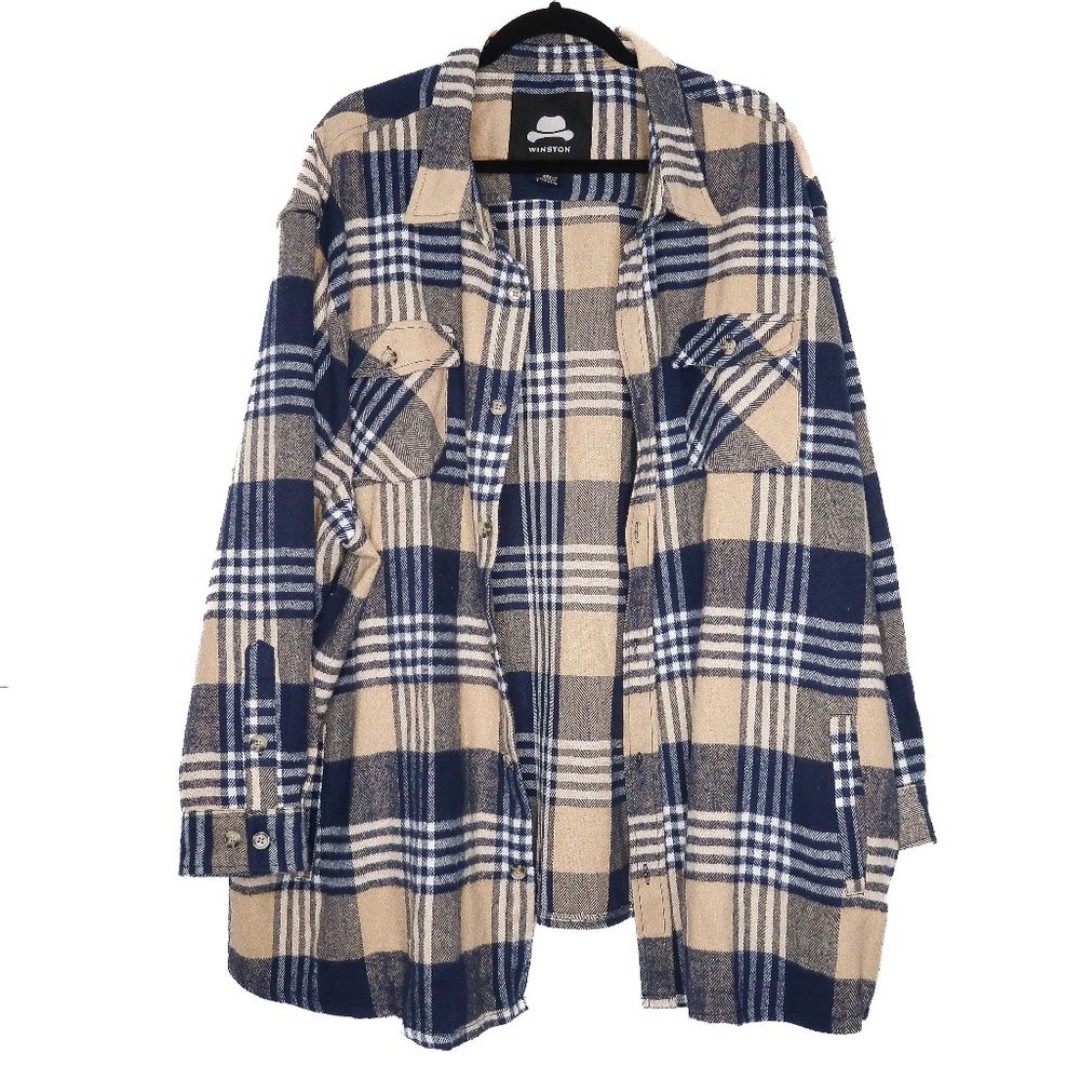 Winston Mens Flannel Shirt Size 4X Plaid Jacket Cream Blue Beige Long Sleeve