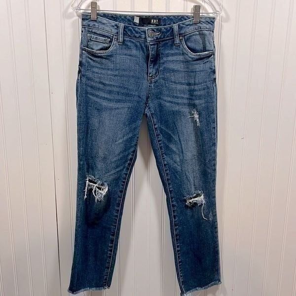 Kut from the Kloth mid rise distressed raw hem straight leg jean