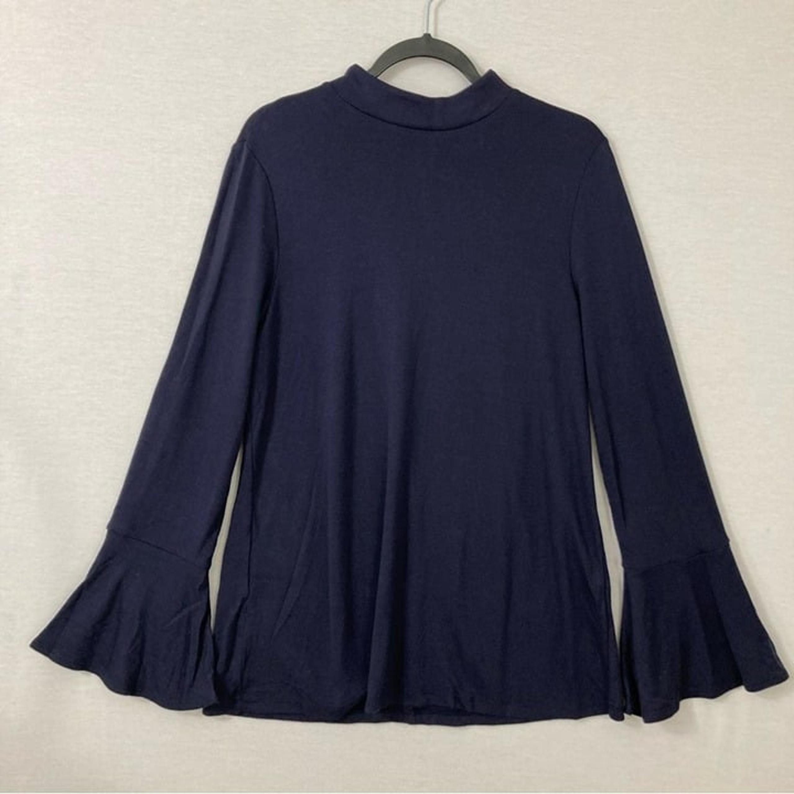 Ann Taylor Navy High Neck Flare Sleeve Stretch Pullover Knit Top Large