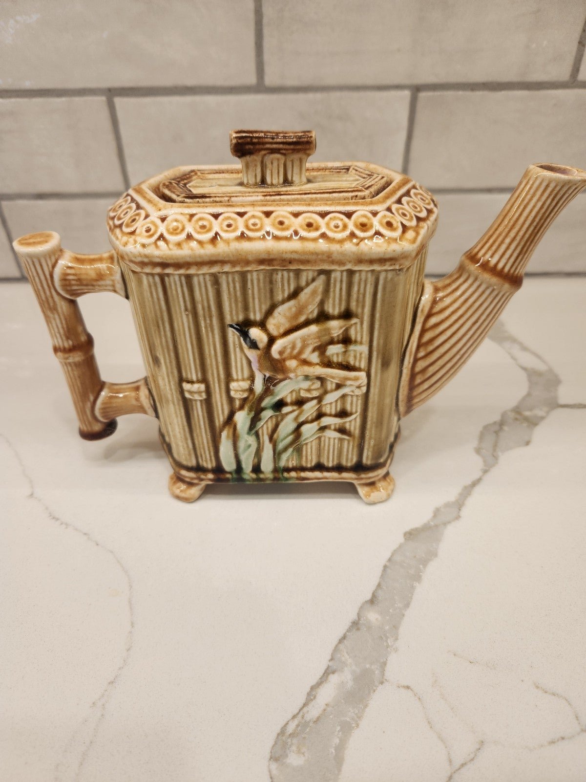 Majolica bamboo bird and Iris Teapot