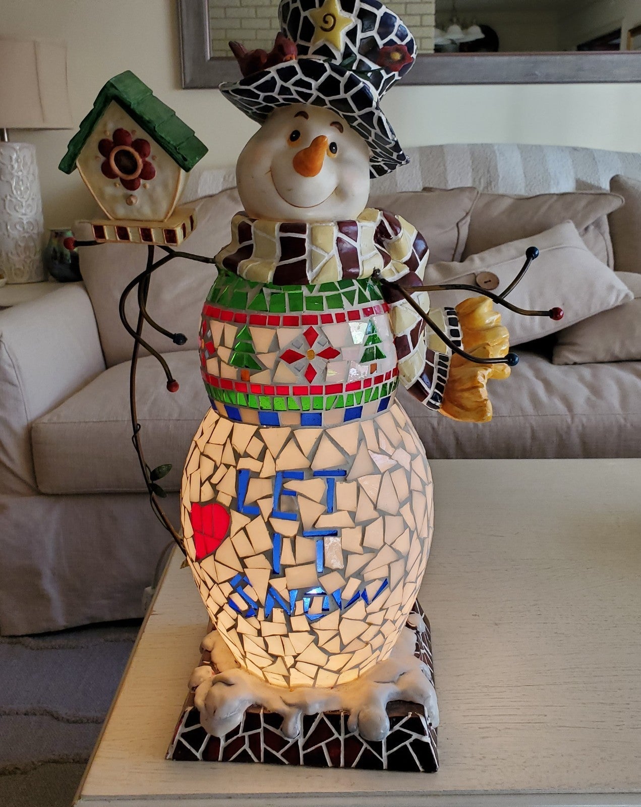 Vintage 23 Handpainted Ceramic Mosaic Lighted Snowman Sculpture Decoration Lamp