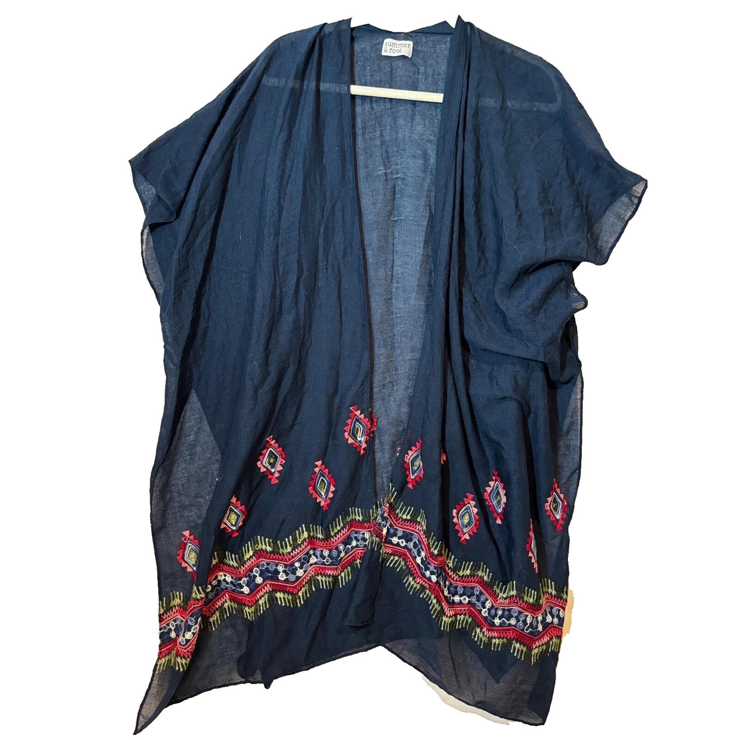 Navy Embroidered Open Front Kimono Vest Shawl Women Sz OS Boho Art - Summer & Rose