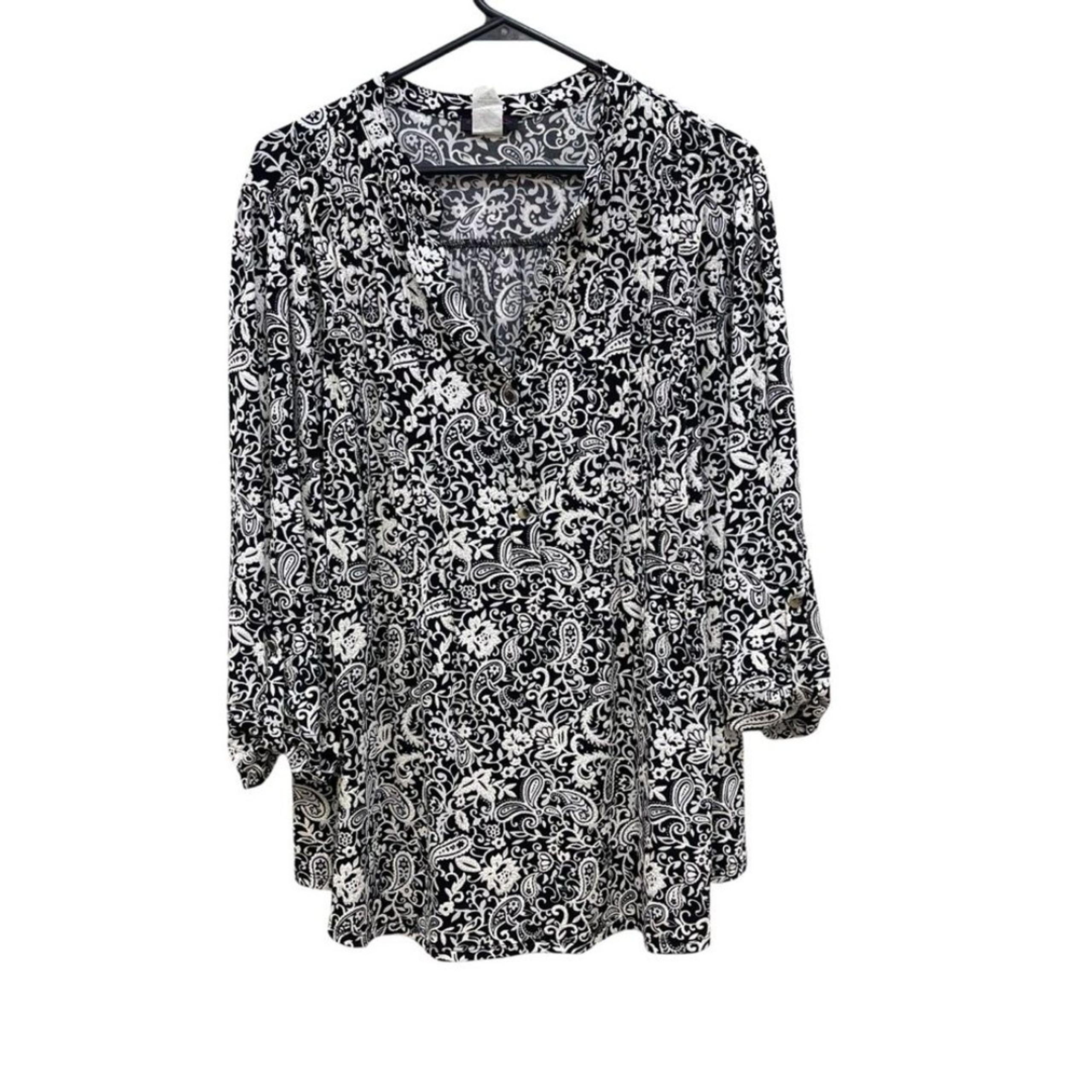 Cocomo Woman Patterned Tab Sleeve Blouse Black White Henley Womens 2X