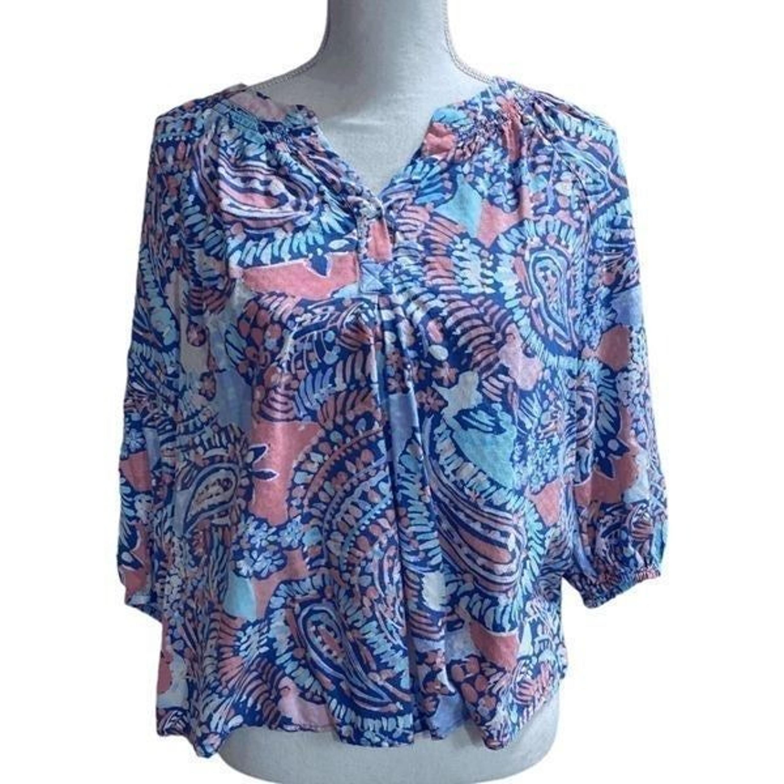 Crown & Ivy Blue Paisley 3/4 Sleeve Blouse Tunic Top Women's Size