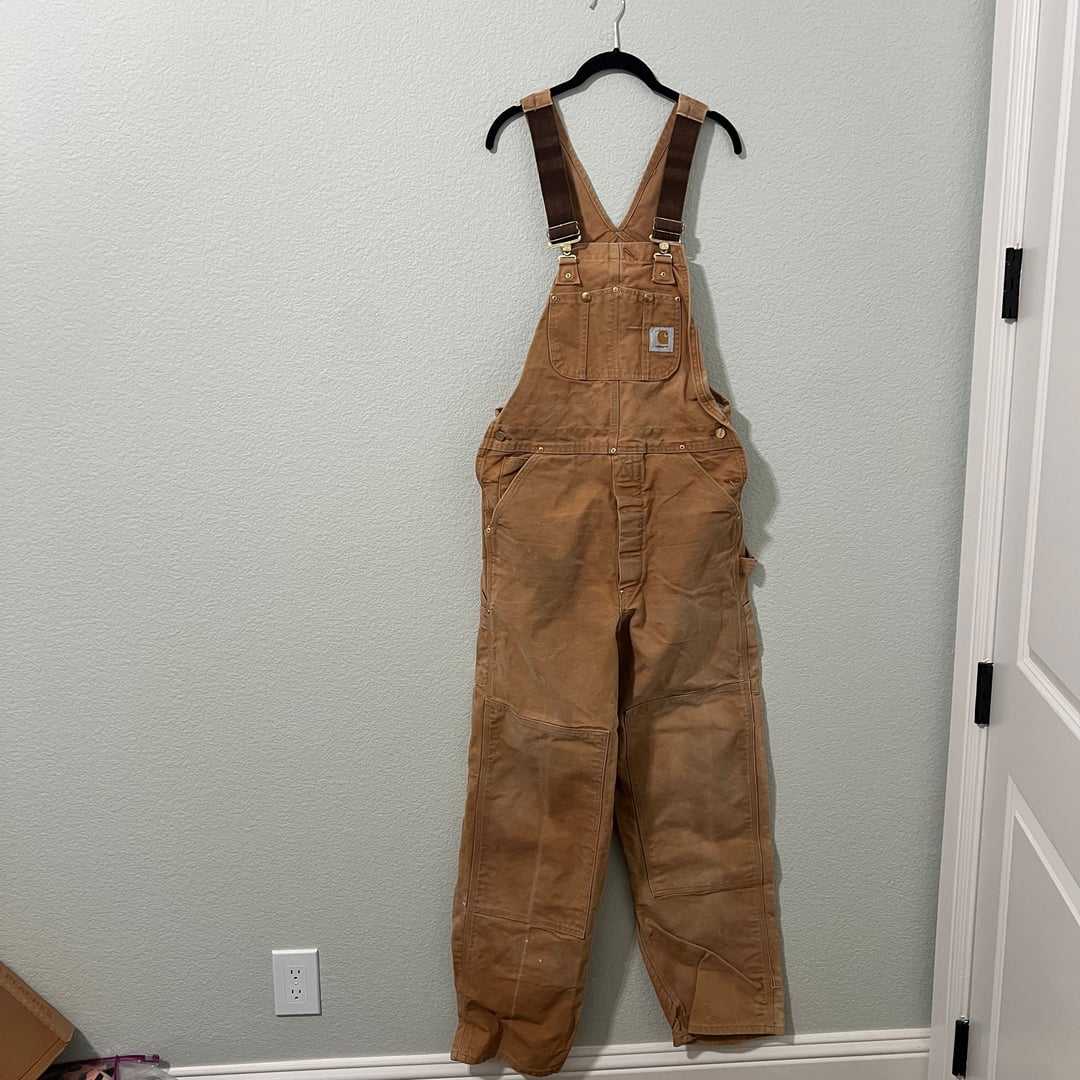 Carhartt Overalls Men's Size 34x33 Duck Canvas Brown Bib Double Knee R01 BRN US