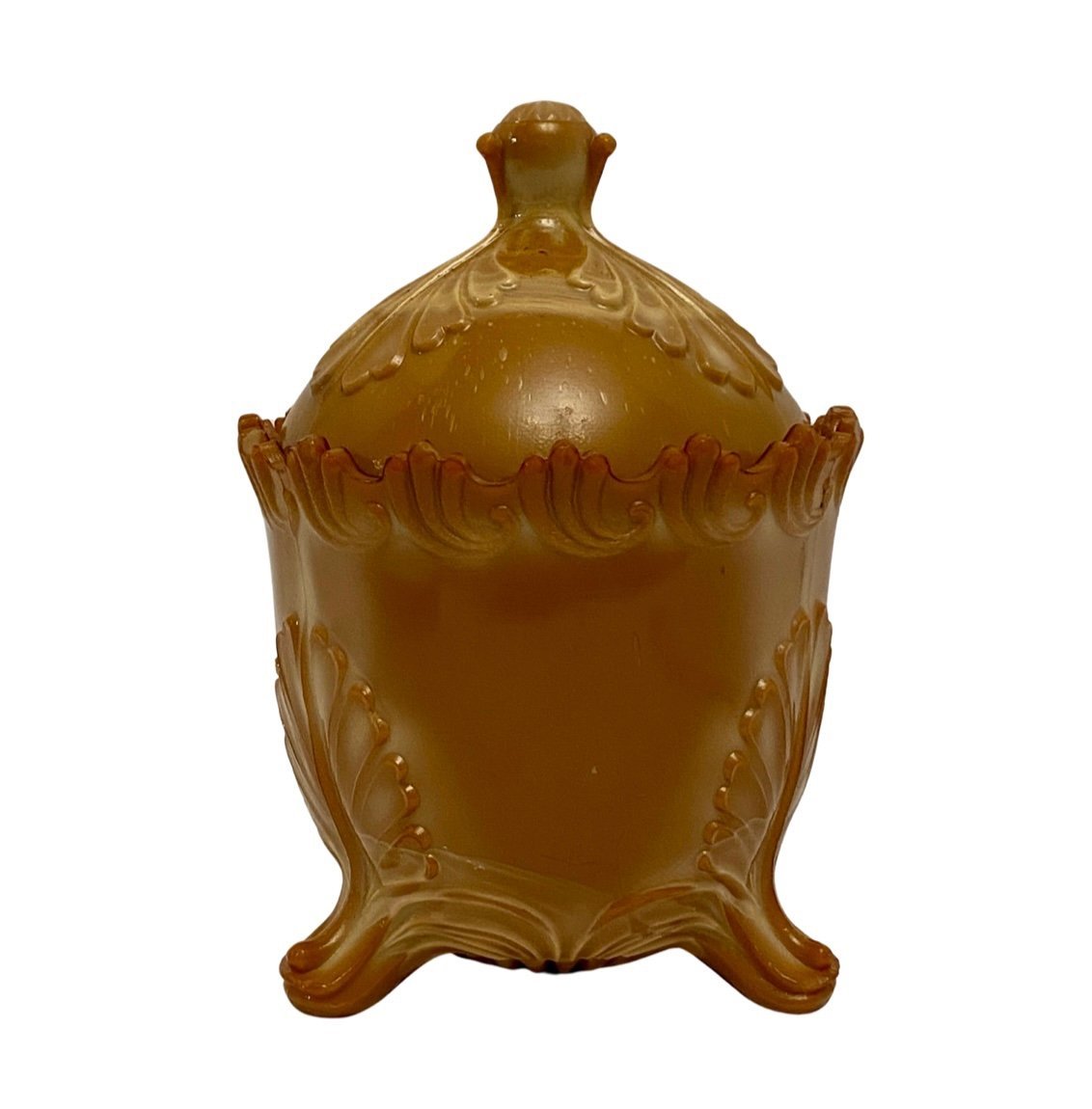 EAPG C1900 Chocolate Slag Glass Greentown Leaf Bracket Lidded Dish.