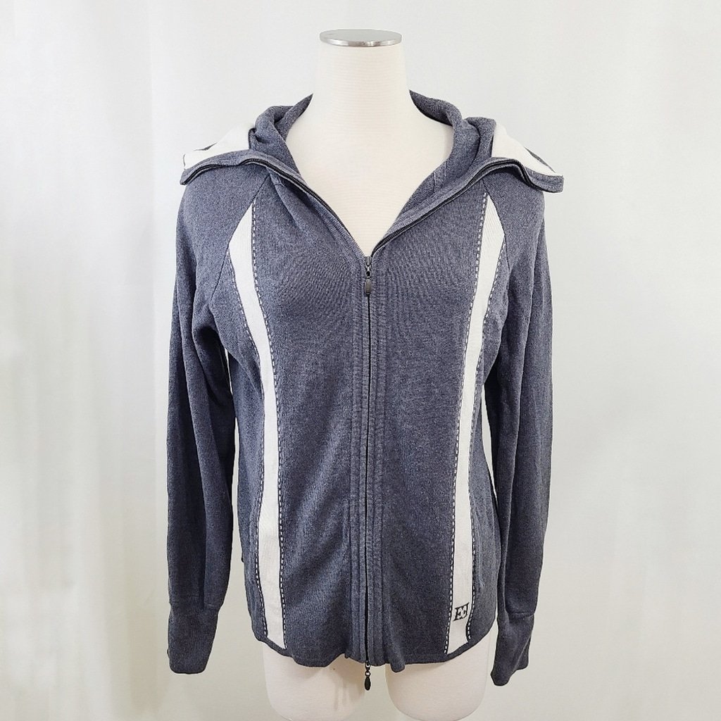 Escada Hooded zip full sweater Cotton Silk Cashmere gray ivory size 40