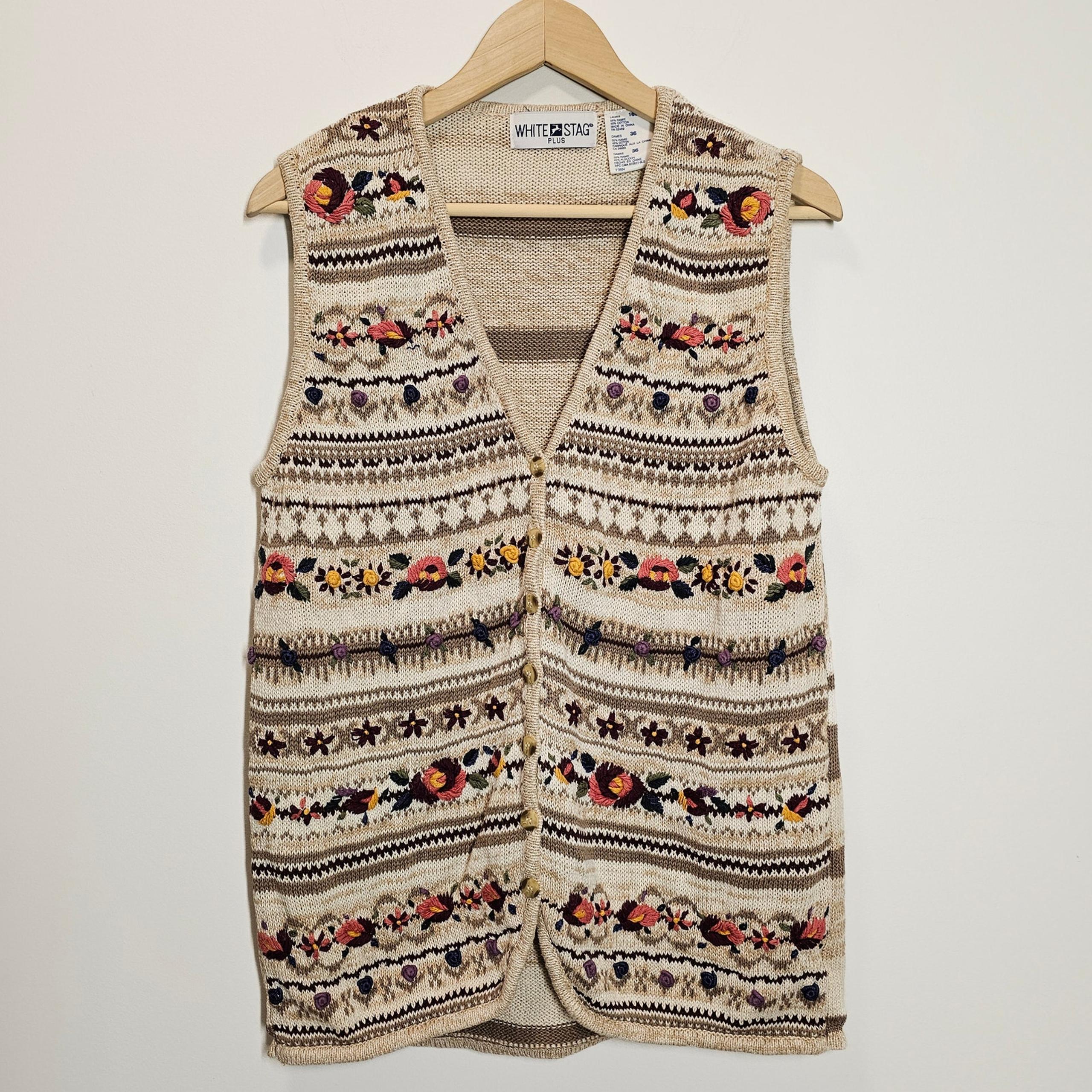 White Stag Plus Stripe Floral Embroidered Cream Cottage Granny Vest Size 16 W