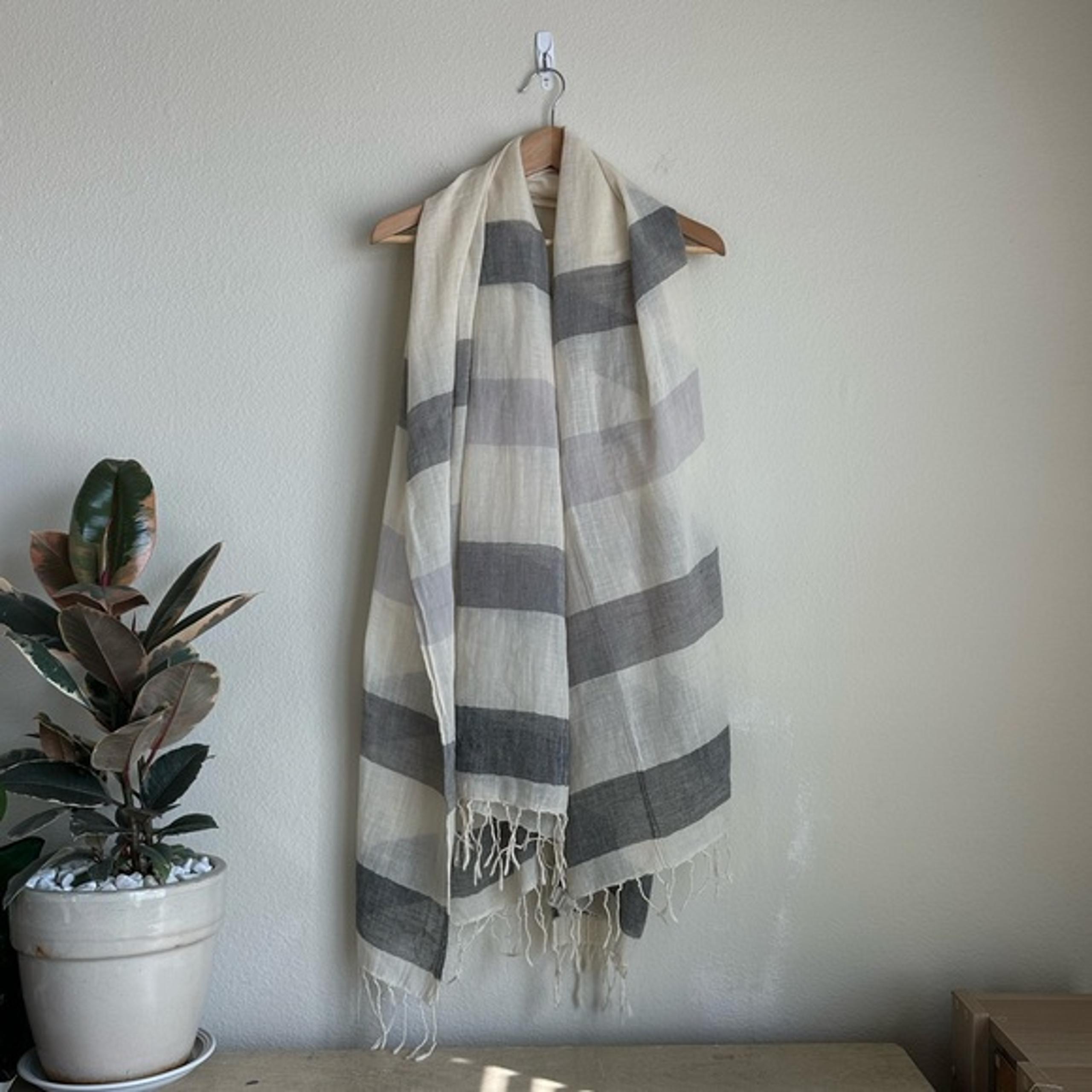 Madewell Wool Blend Cream and Grey Striped Scarf