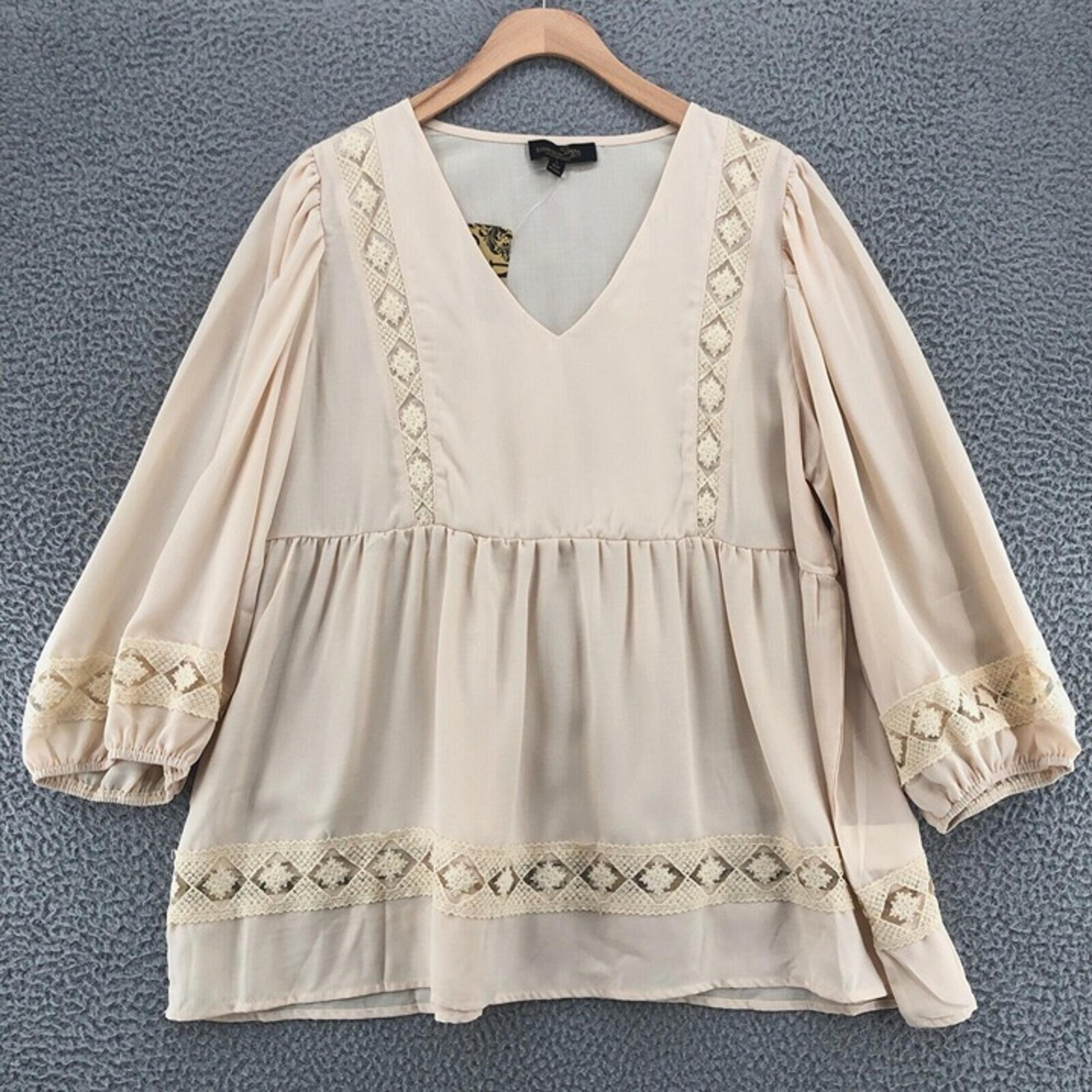 Suzanne Betro Top Womens Large Ivory Lace Inset V Neck Empire Waist Tunic NWT*