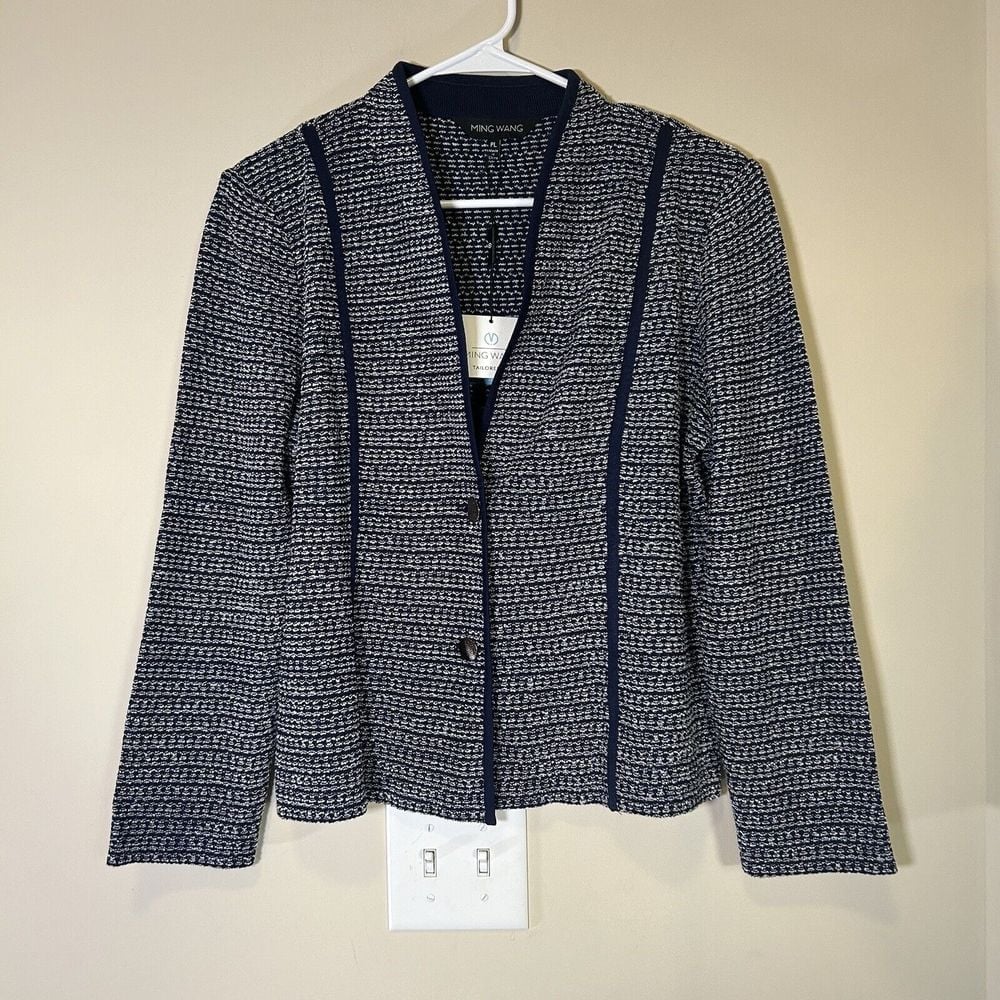 NWT Ming Wang Heritage Fit Cardigan Size PL Navy Blue & White Sweater Coastal