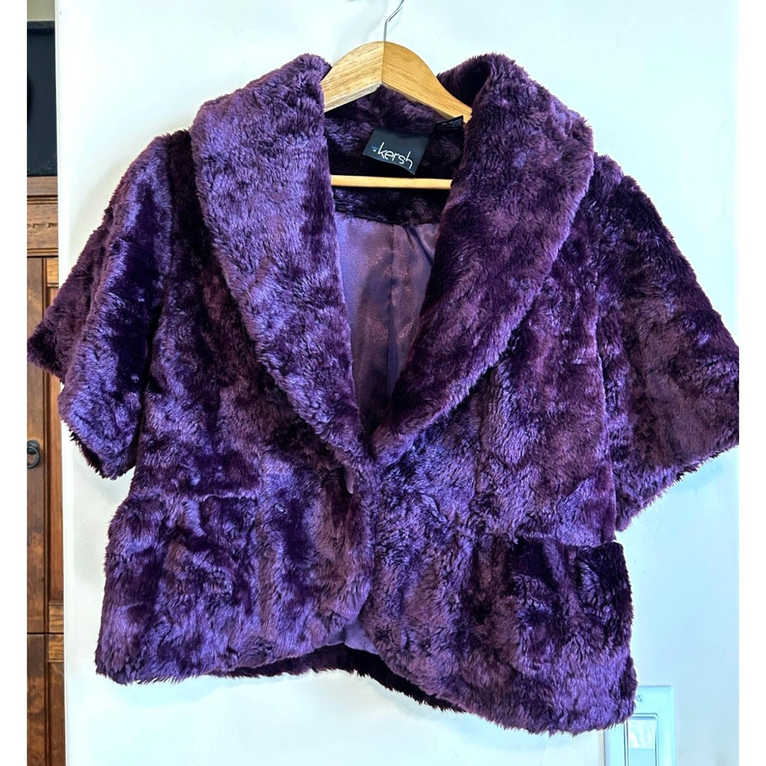 KERSH Deep Purple Faux Fur Jacket Women's Large Button Closure Short Sleeve