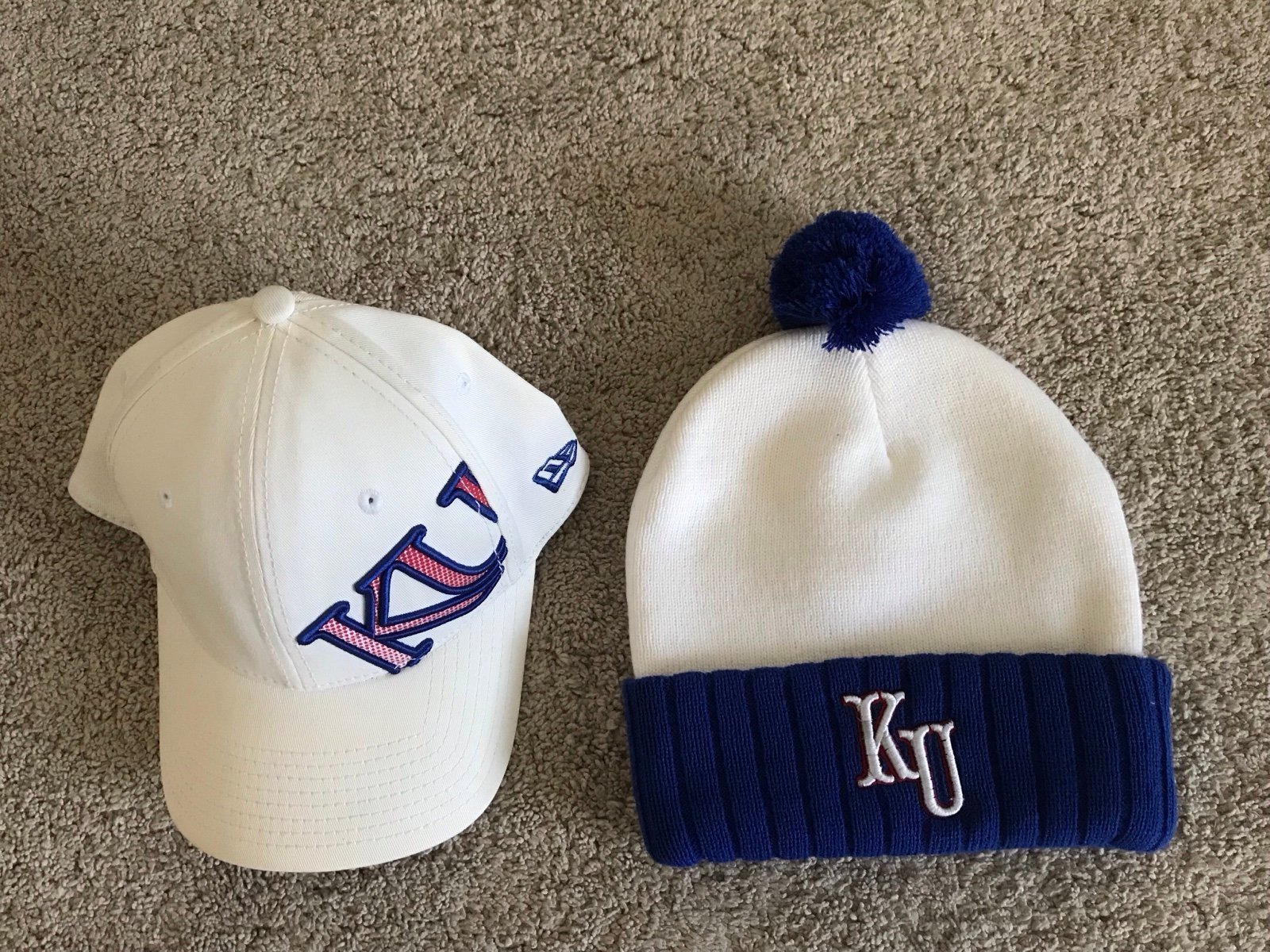 NE KU Jayhawks Cap AND Nike Cuff Pom Beanie, Blue/White. Embroidered “KU”