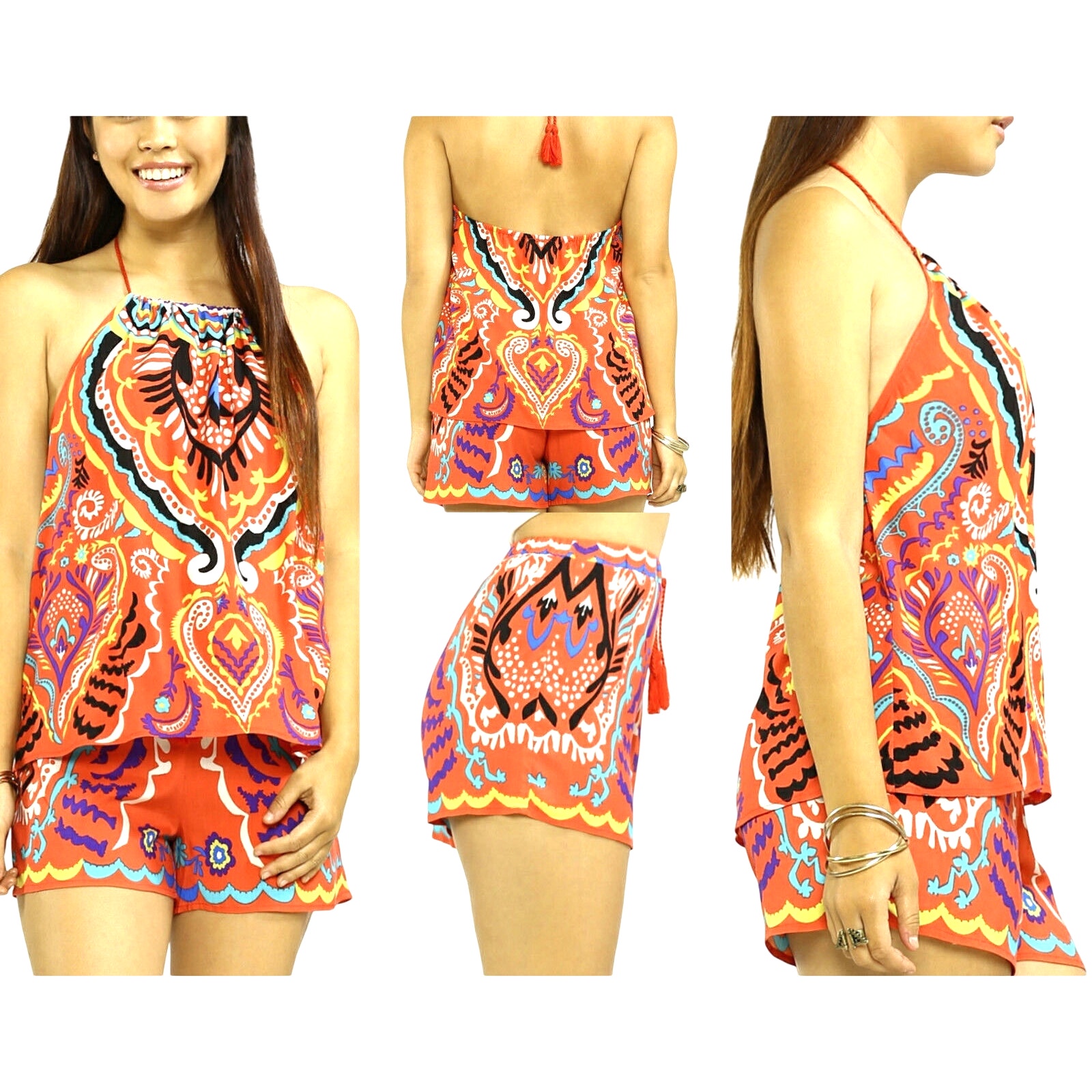 Flying Tomato Top Shorts Set Lot M Bohemian Orange Print Outfit Womens New
