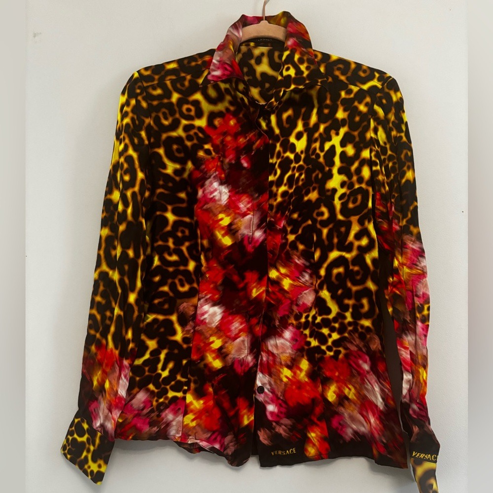 Versace Women's Leopard Print Top - Red and Yellow Size 44 Italy