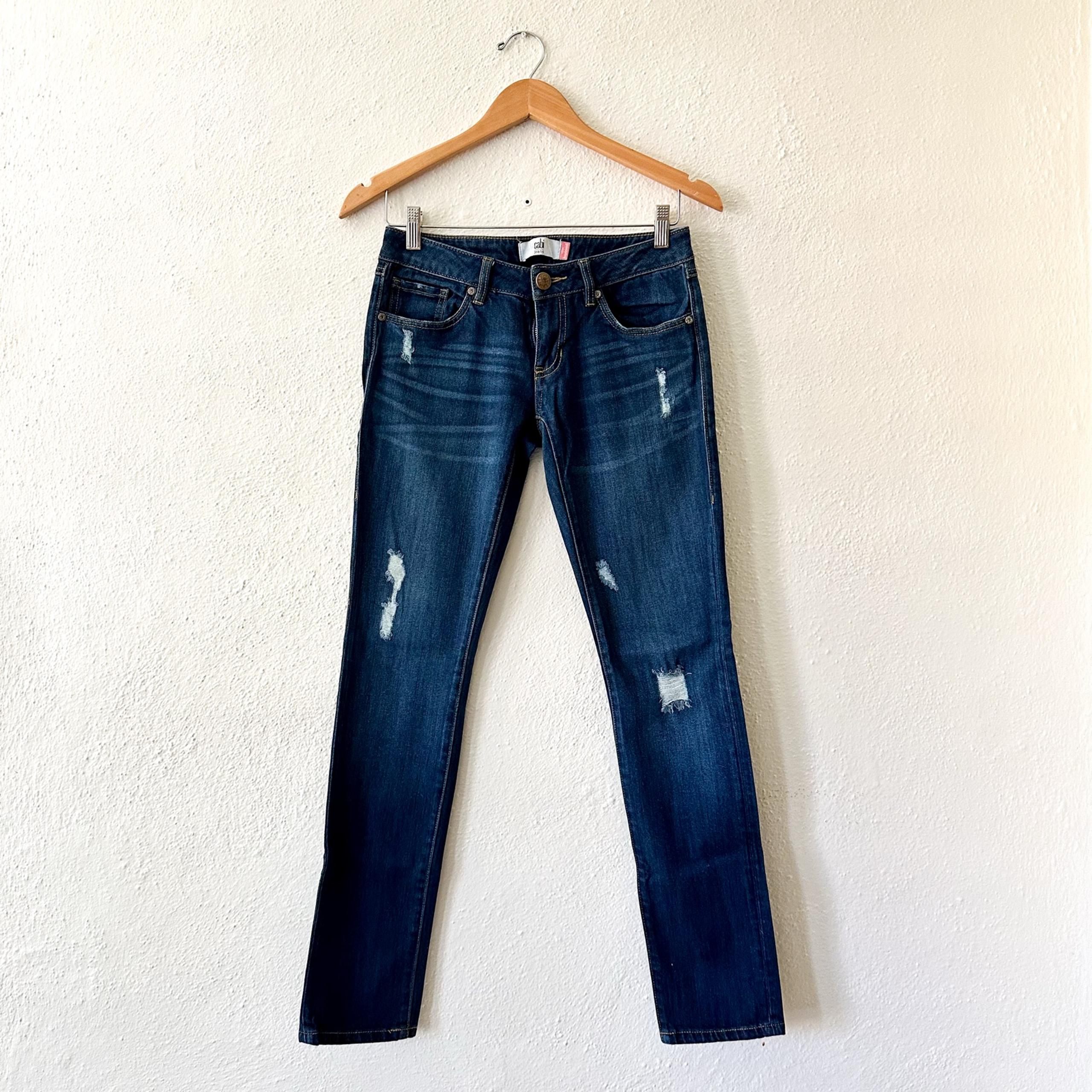 Cabi Womens Dark Wash Low Rise Slim Boyfriend Distressed Skinny Jeans, sz 2