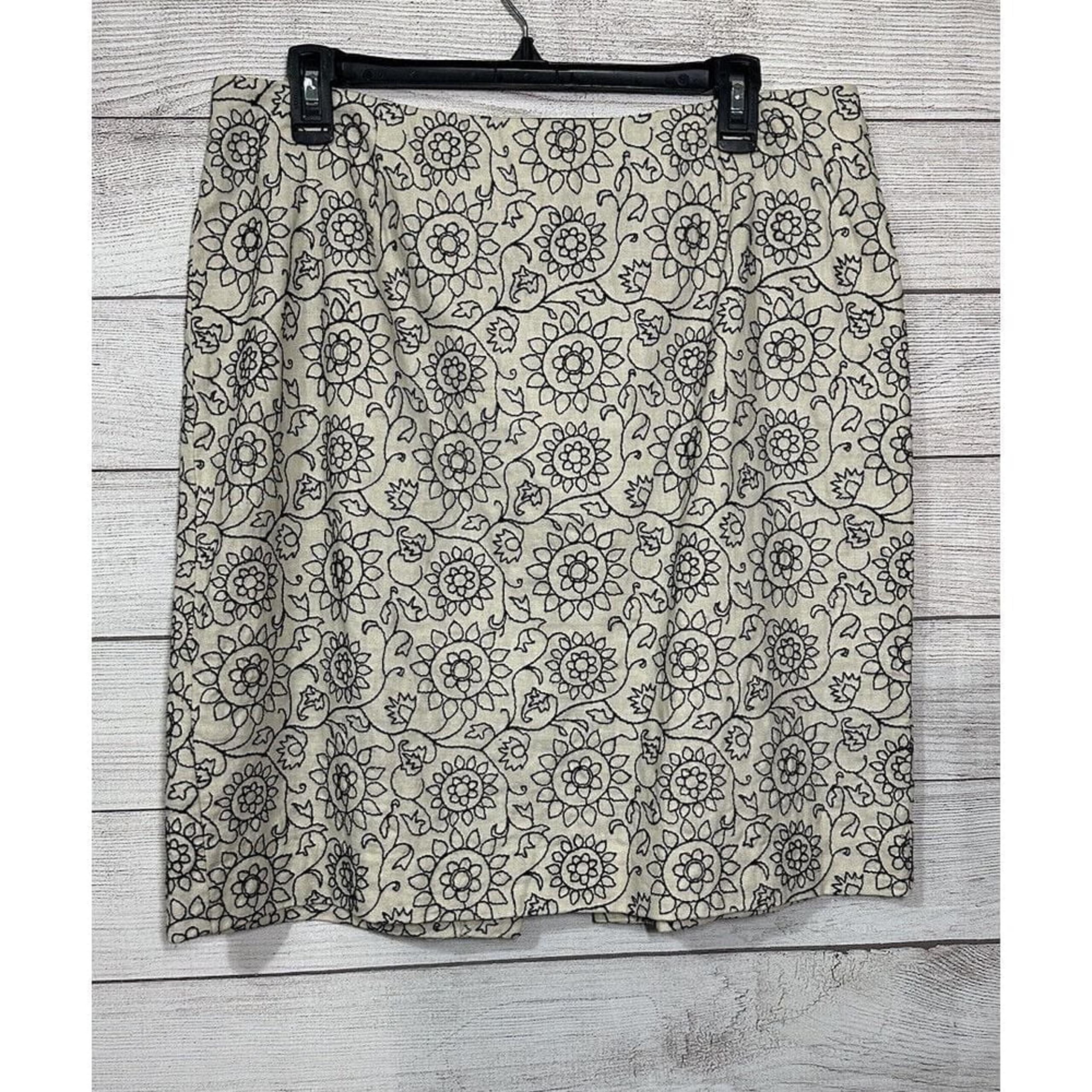 W Black Cream Linen Blend Floral Embroidered Mini A line Skirt Size 14 Woman's