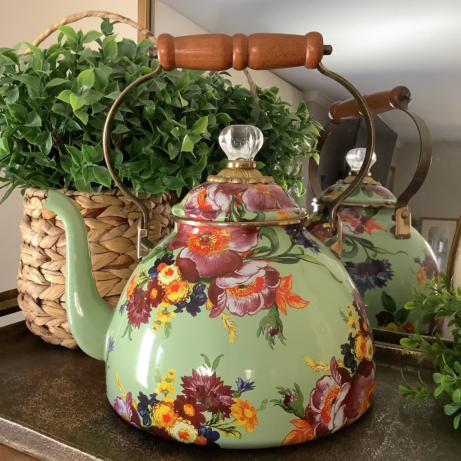 Large Mackenzie Childs Green Flower Market Tea Kettle