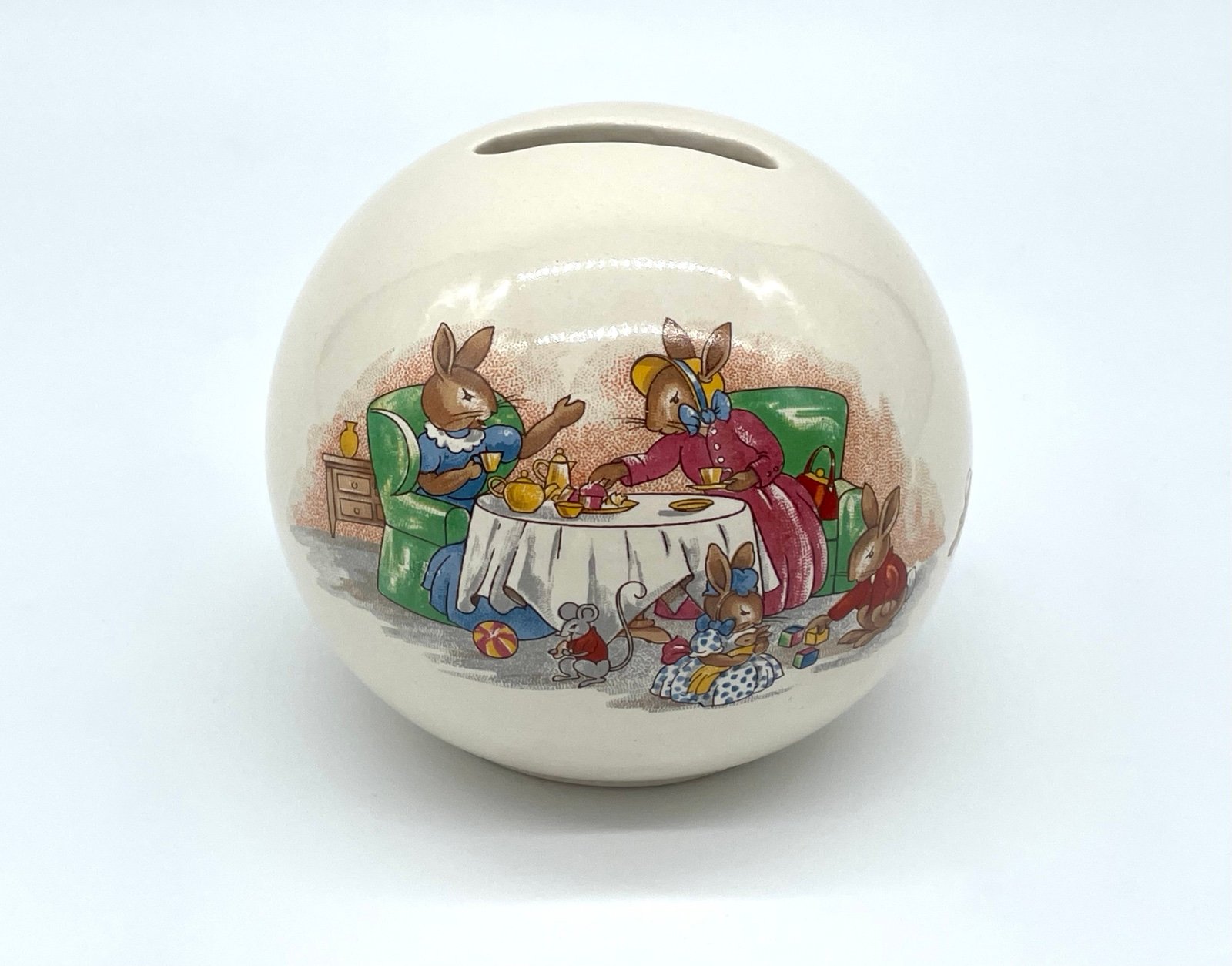 GUC VTG Royal Doulton Bunnykins Round Ceramic Coin Bank, Teatime, 1936