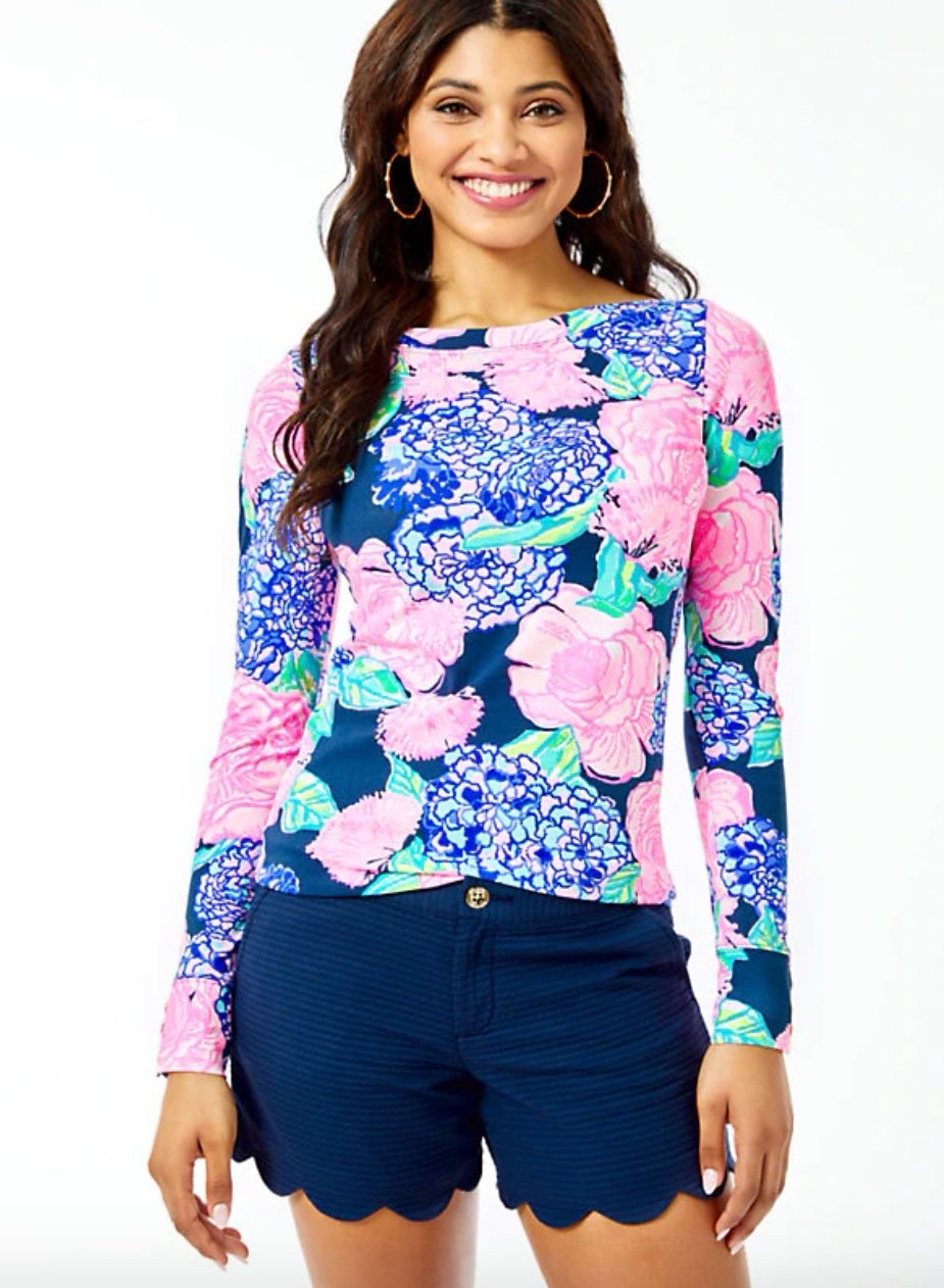 Lilly Pulitzer ALEAH TOP High Tide Navy Hey Hey Bouquet Pink Blue Sz Large