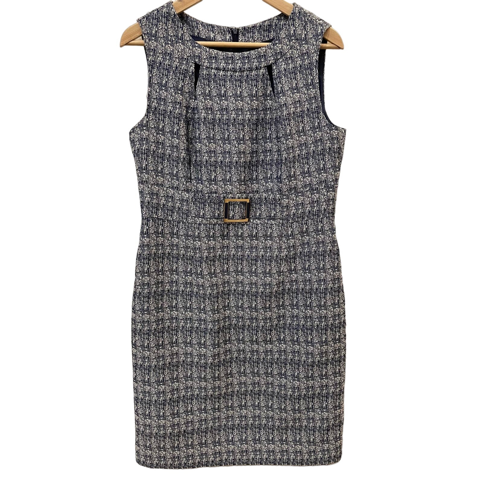 Tahari Tweed Sleeveless Sheath Cutout Dress Belt Detail Midi Blue White Sz 10