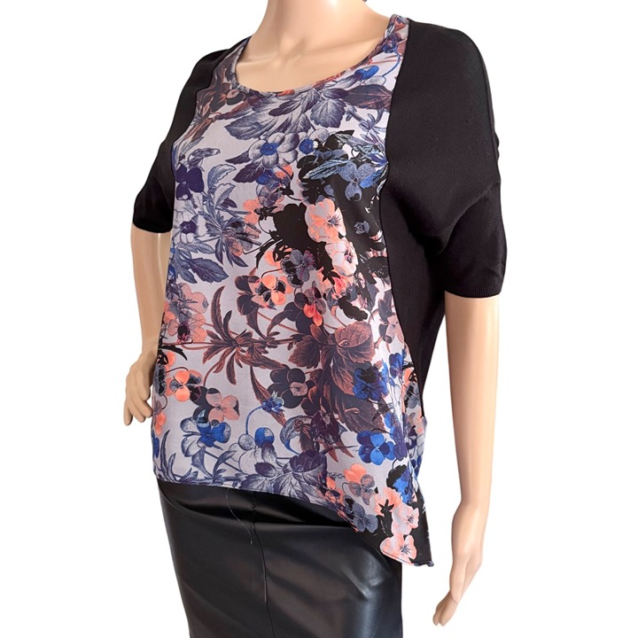 Anthropologie Meadow Rue Top Size Small Floral Knit Mixed Media Black Blue Coral