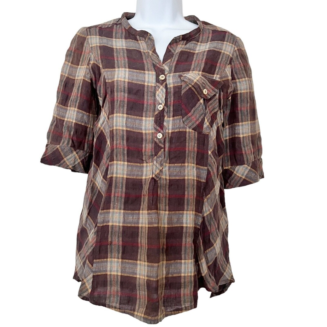 Etoile Isabel Marant Plaid Button Tunic Shirt Brown Linen Blend 3/4 Sleeve Sz 1