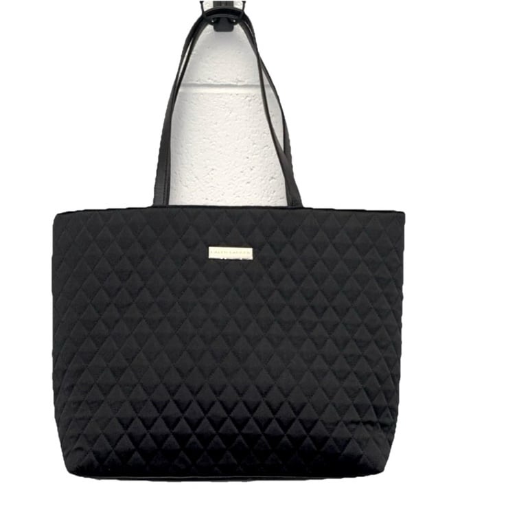 Ralph Lauren Quilted Black Shoulder Strap Tote Bag With Pink Interior Lining