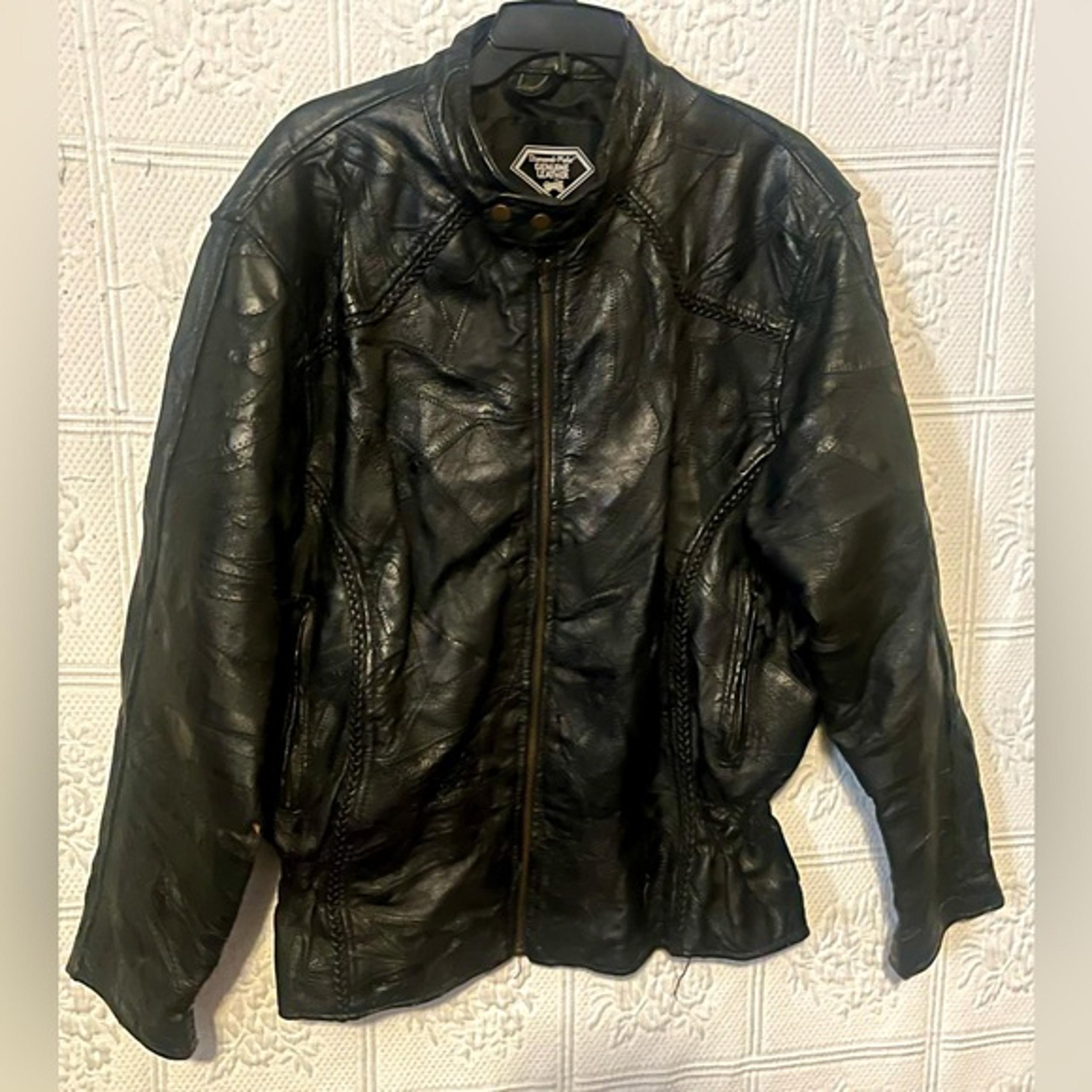 Vintage Size 2XL Diamond Plate Genuine Leather Jacket Black *see description