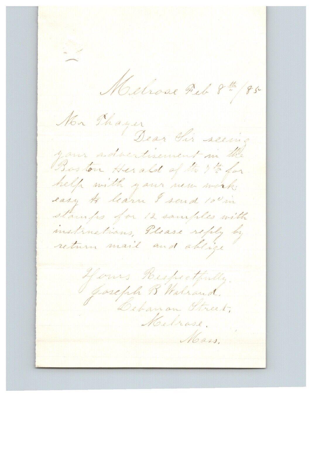 1885 Handwritten Letter Joseph B Walrand Melrose MA Masschusetts History