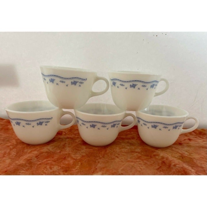 Set of 5 Vintage Pyrex Blue Morning Flower Milk Glass Coffee Tea Cups Mugs