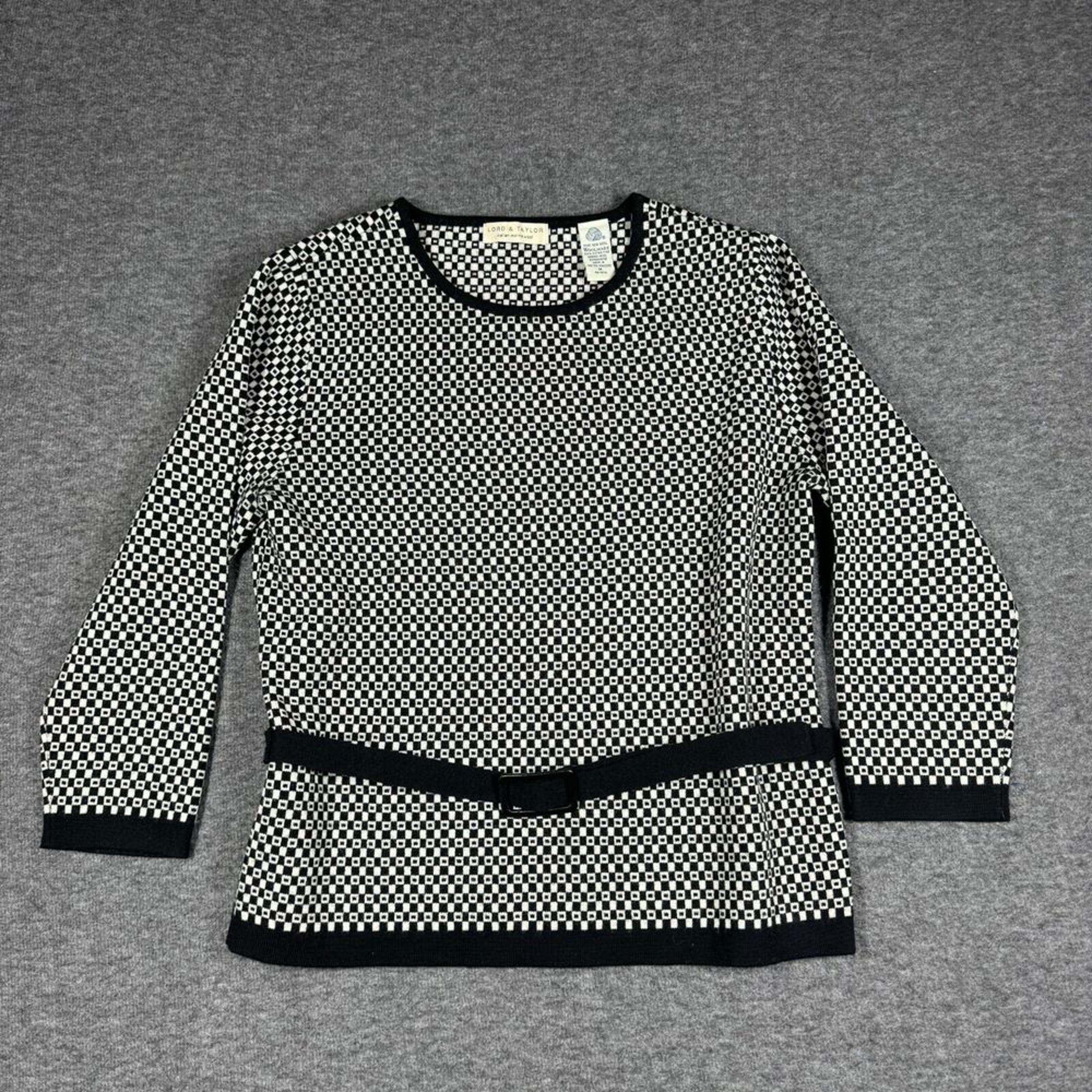 Lord & Taylor Belted Pure Merino Wool Sweater Womens Medium M Black White