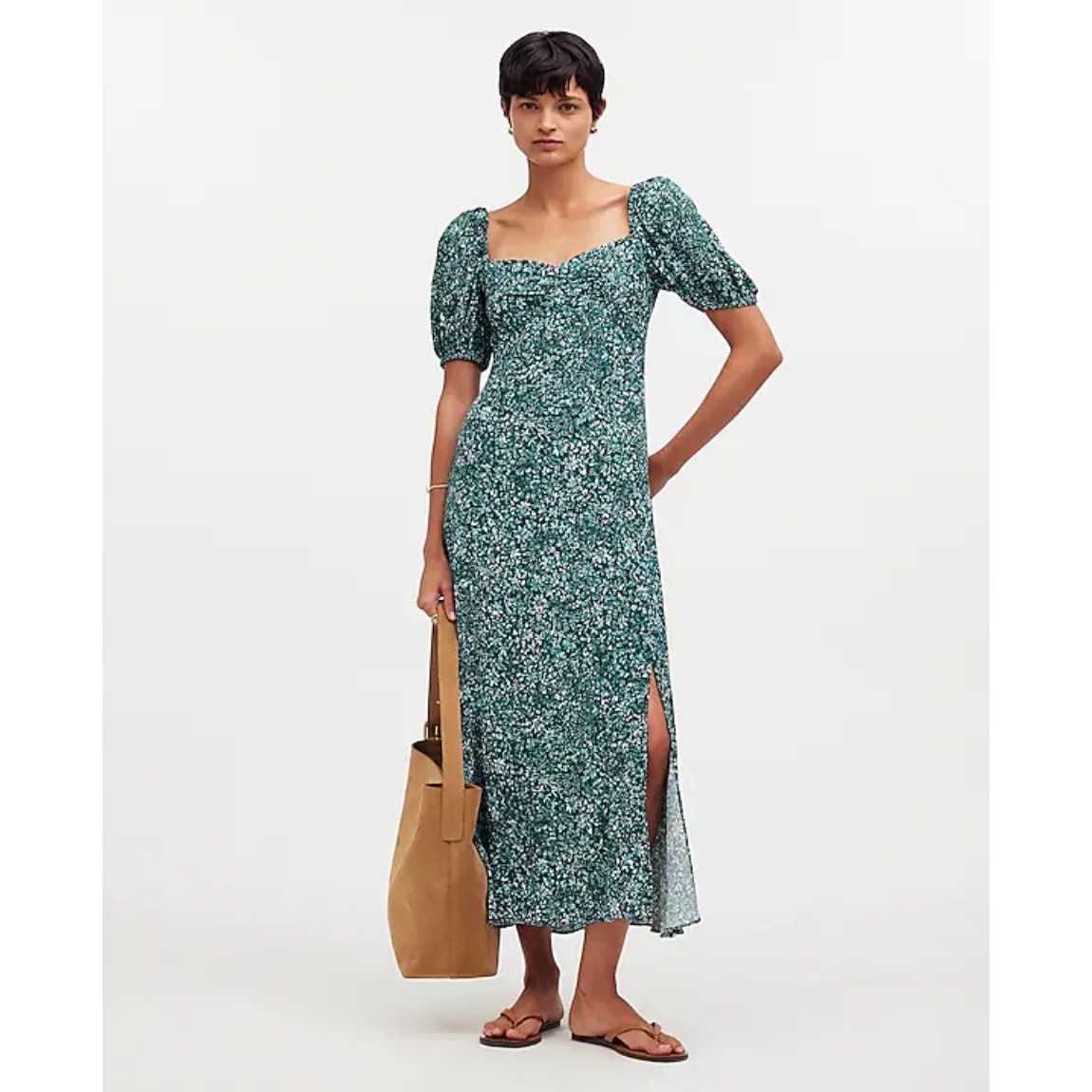 Madewell Puff Sleeve Sweetheart Midi Dress Green Ditsy Floral Viscose US 00 NWT