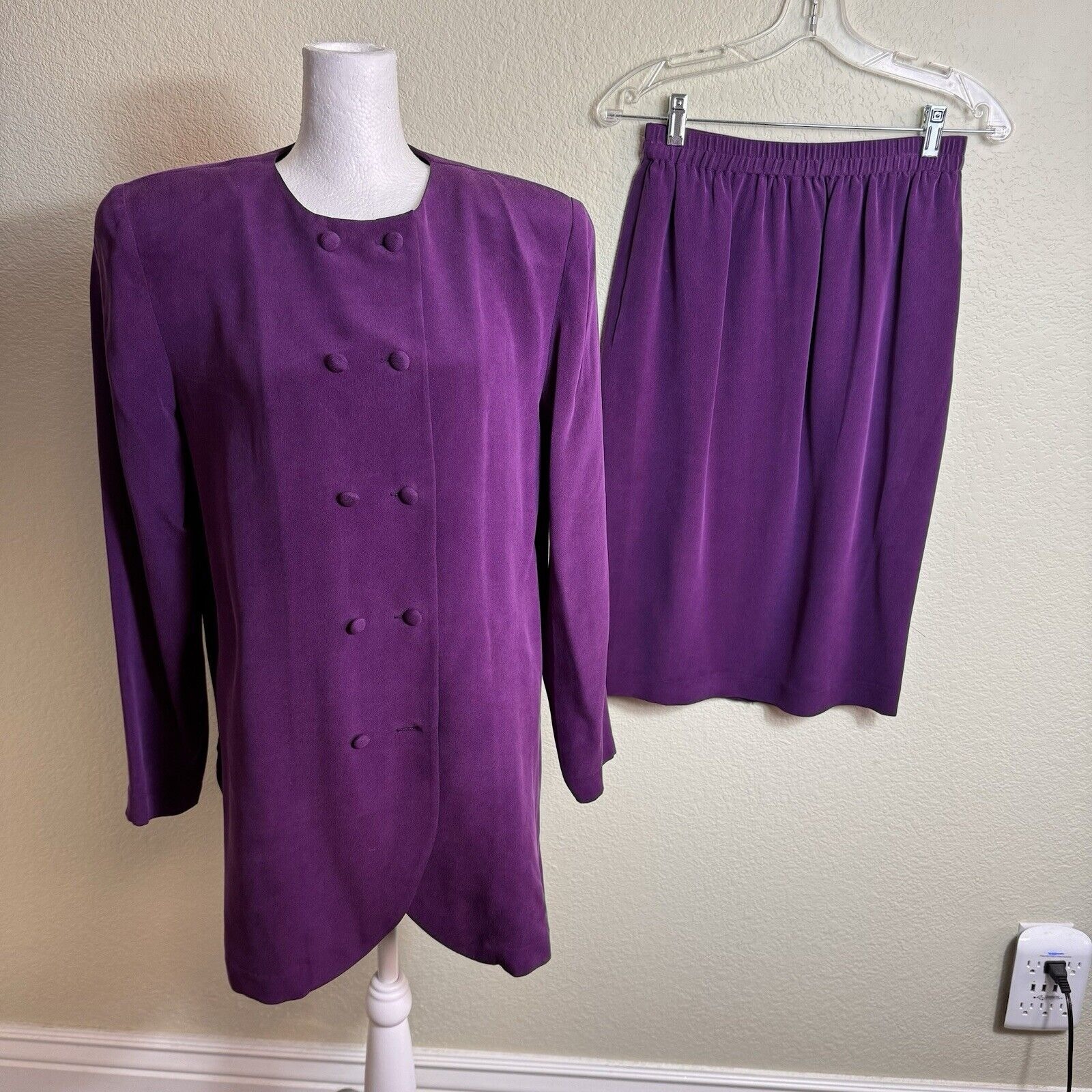Papell Too Magenta Silk Long Sleeve Tunic Top & Skirt 2-Piece Suit 6 Pockets