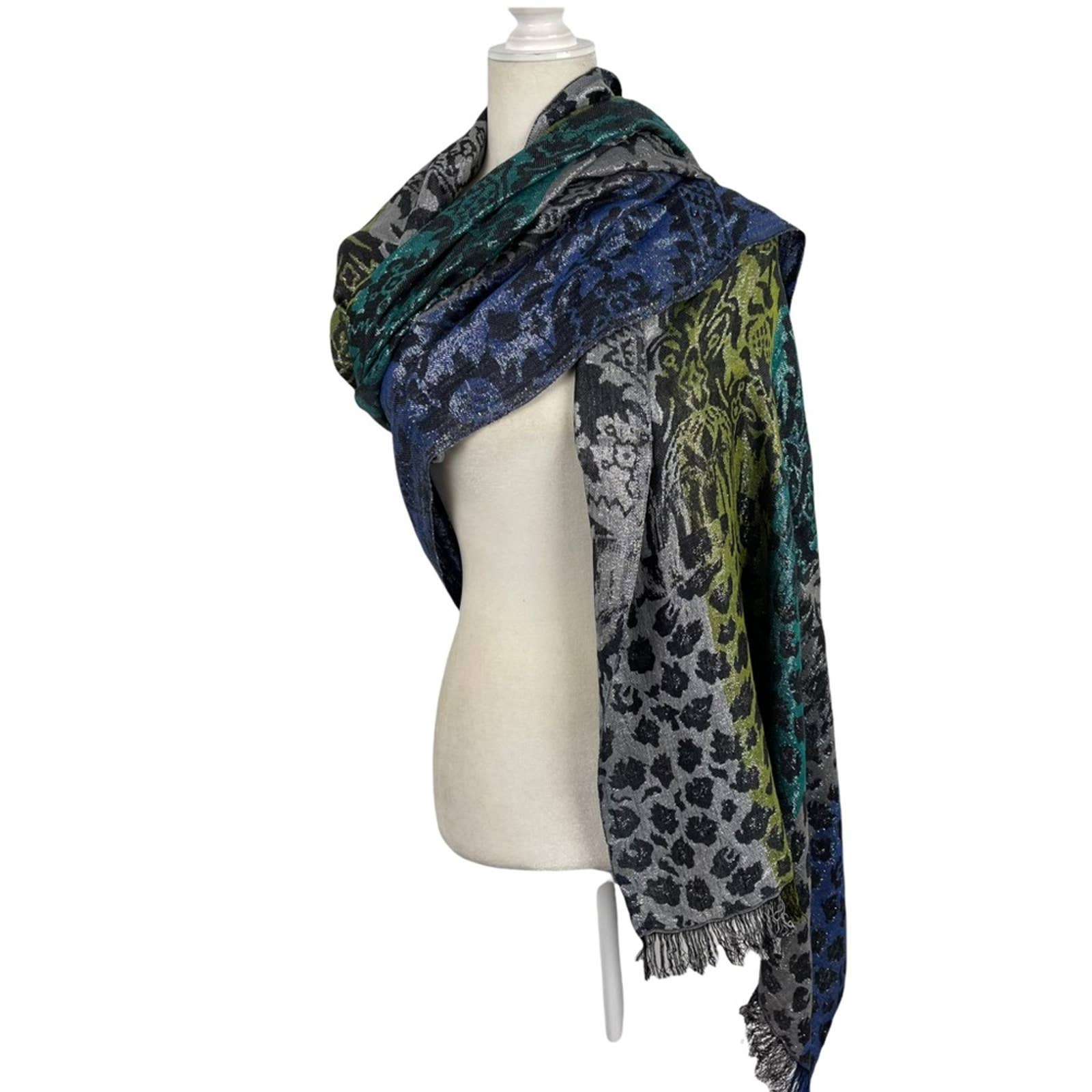 Cejon Animal Print Fringe Metallic Thread Oversized Scarf