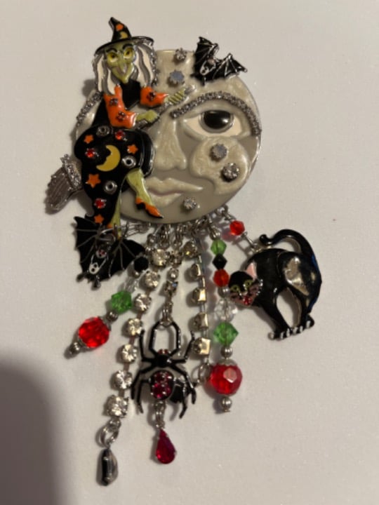 Vintage Brooch Witch flying over the moon