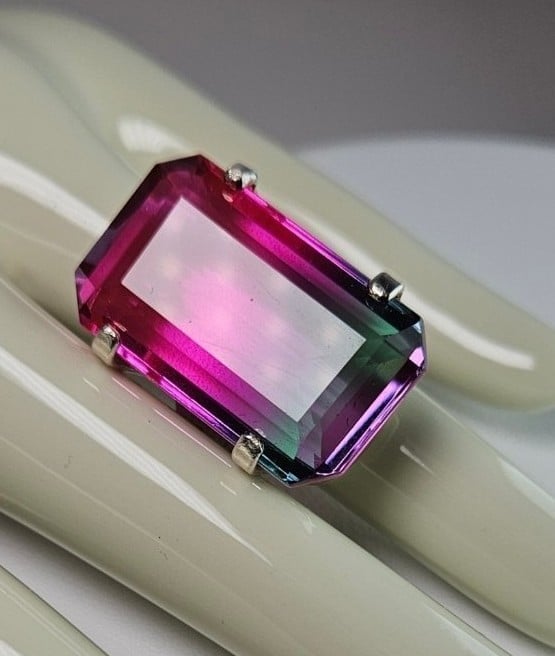 23.00 Carat Genuine Watermelon Tourmaline Sterling Silver Ring SZ 9