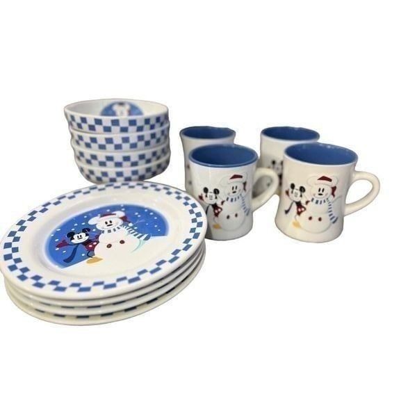 Vintage Disney Store Dish Set Mickey Mouse Collection Checkered Snowman 12pc Set