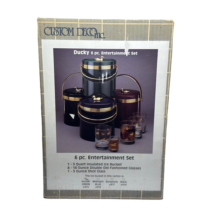 VTG Custom Disc Ducky 6 Pc. Entertainment Set 3 Qt Ice Bucket & 5 Glasses MCM